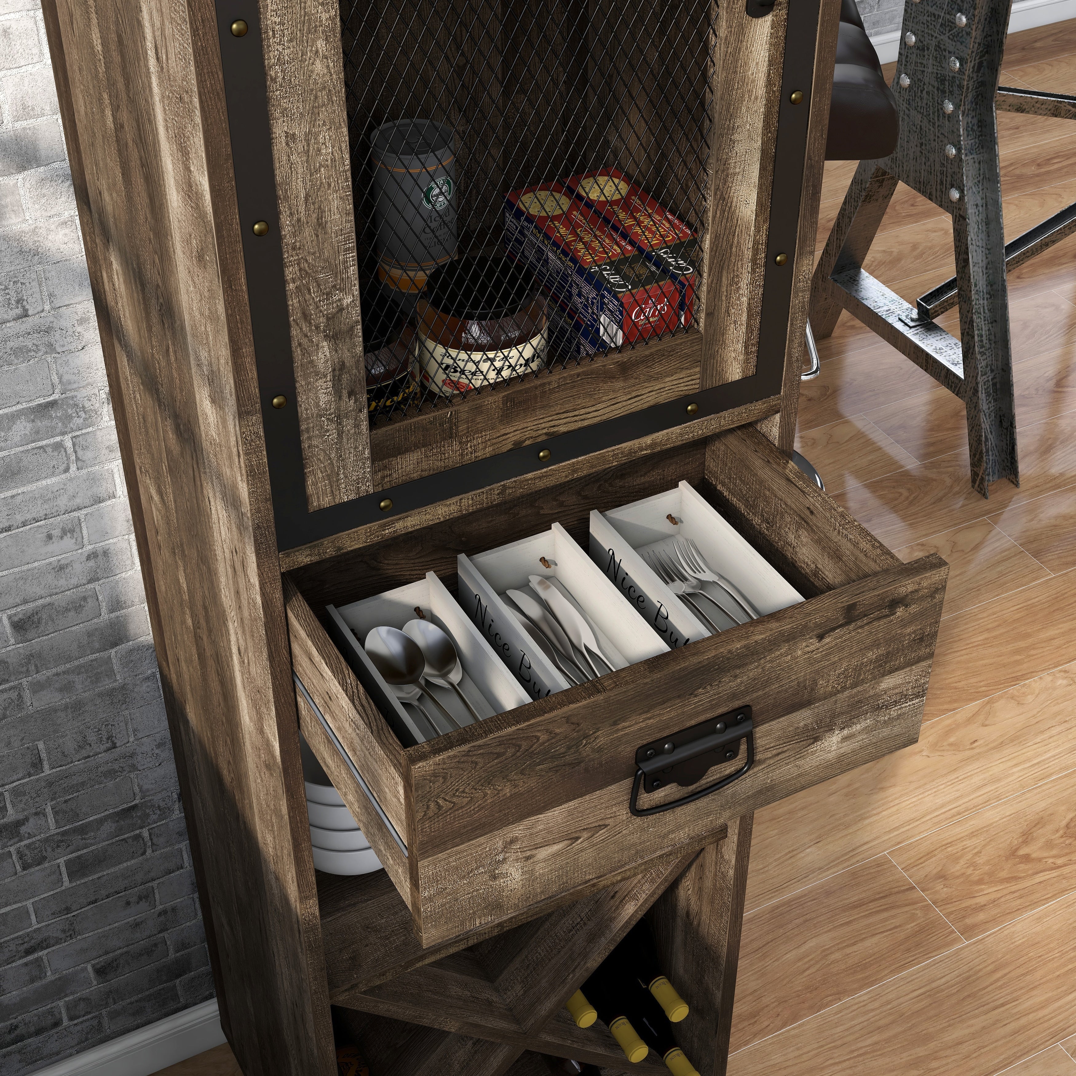 DH BASIC Industrial 3-shelf Tower Cabinet with Wine Bottle Storage by Denhour