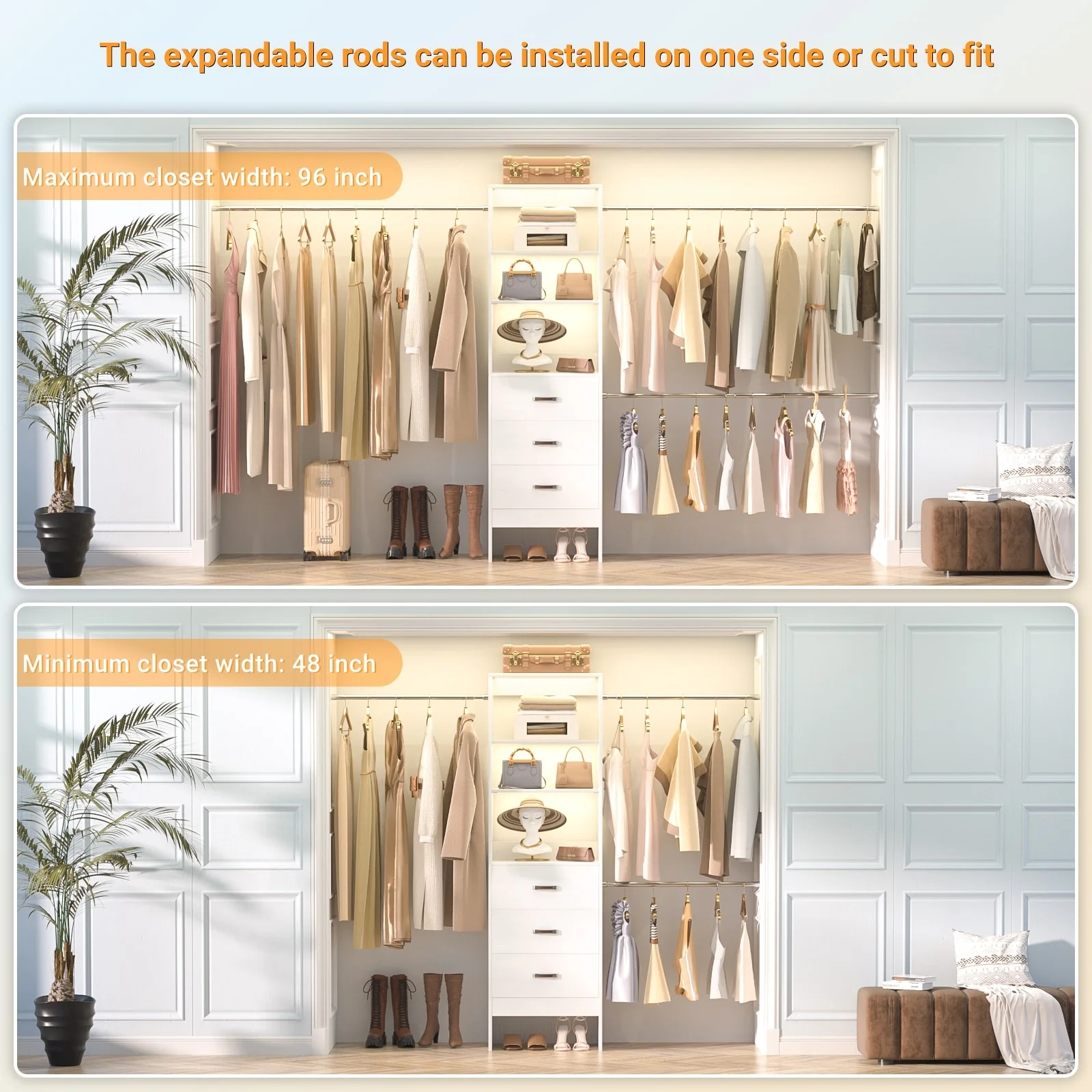 20.5-96'' W Closet Organizer System with Extendable Hanging Rods and Drawers and Tower Shelves