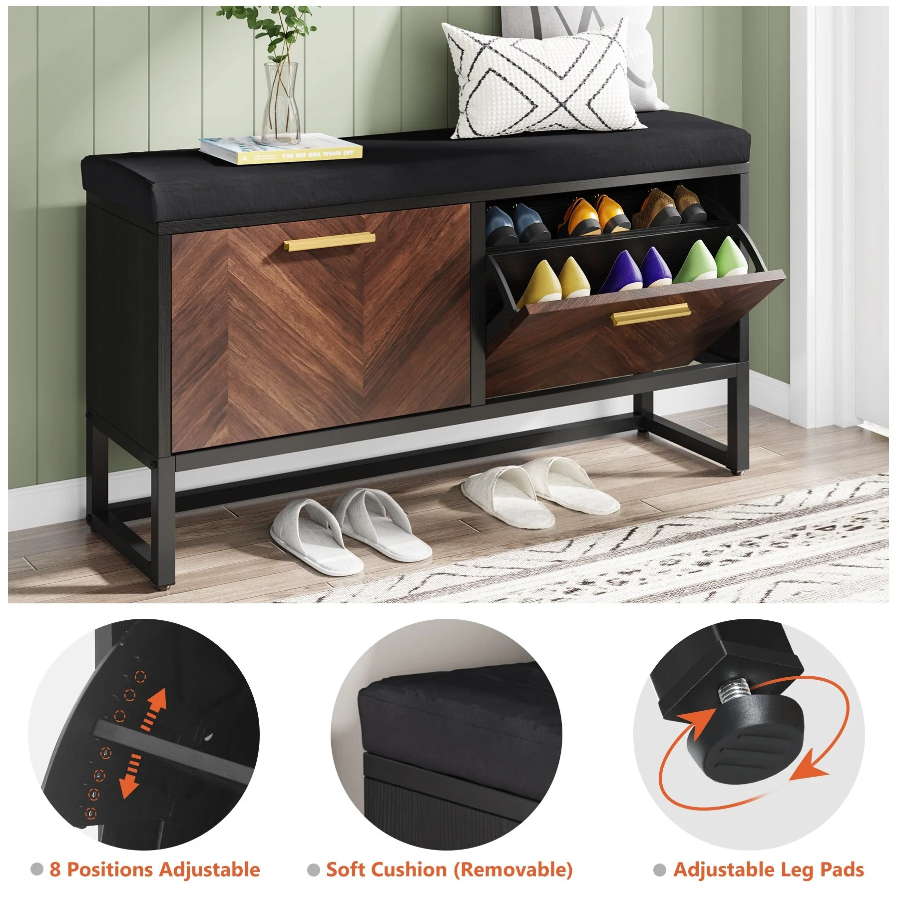 Shoe Storage Bench with Cushion, Entryway Shoe Bench with 2 Flip Drawers