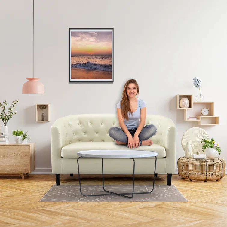 Engelhardt Faux Leather Midcentury Barrel Loveseat 2 Seater Sofa Couch for Bedrooms and Living Room.