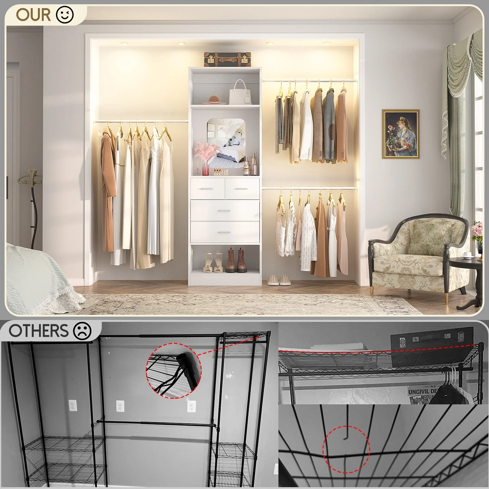 96'' W Closet System with Mirror, 8FT Walk-in Closet Organizer Kits with 4 Wooden Drawers ＆ 3 Extendable Hanging Rods