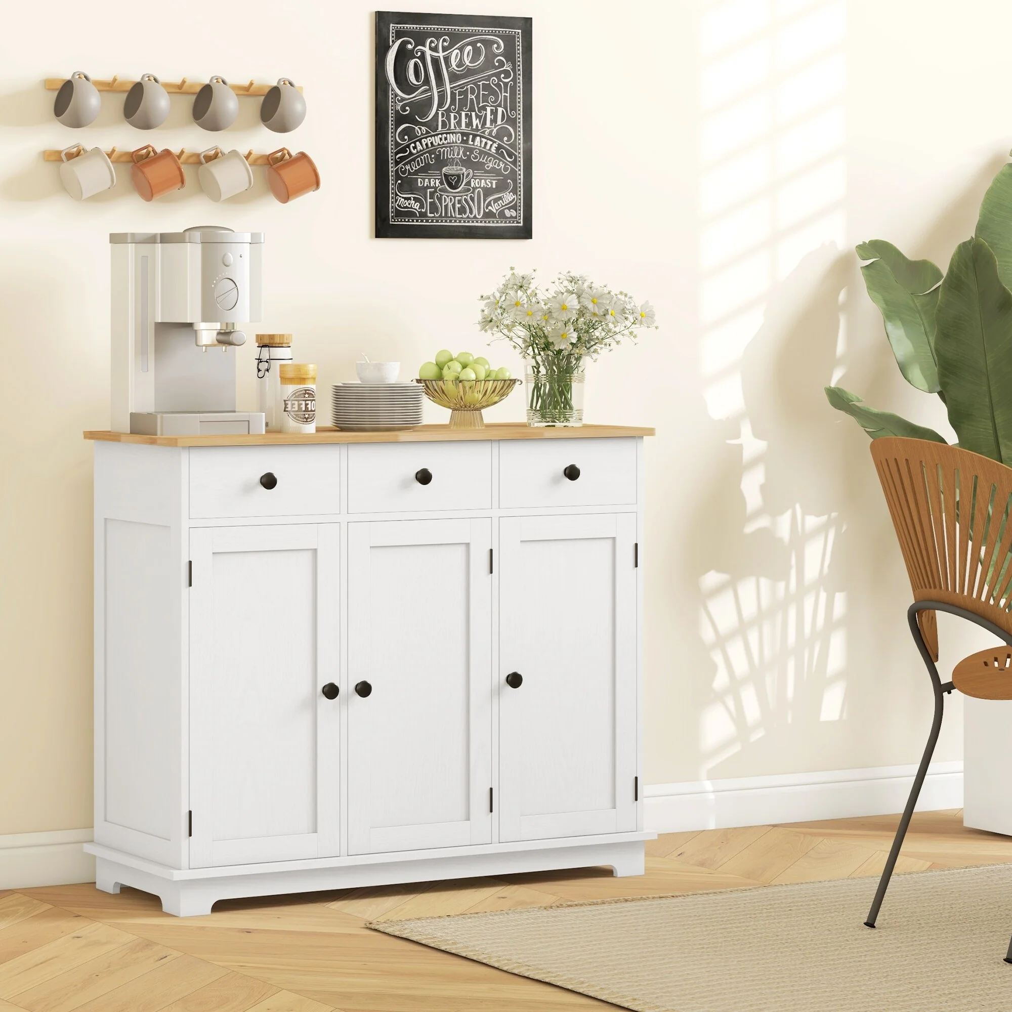 HOMCOM Sideboard with Solid Wood Countertop, Modern Kitchen Storage Cabinet, Coffee Bar Cabinet with 3 Drawers