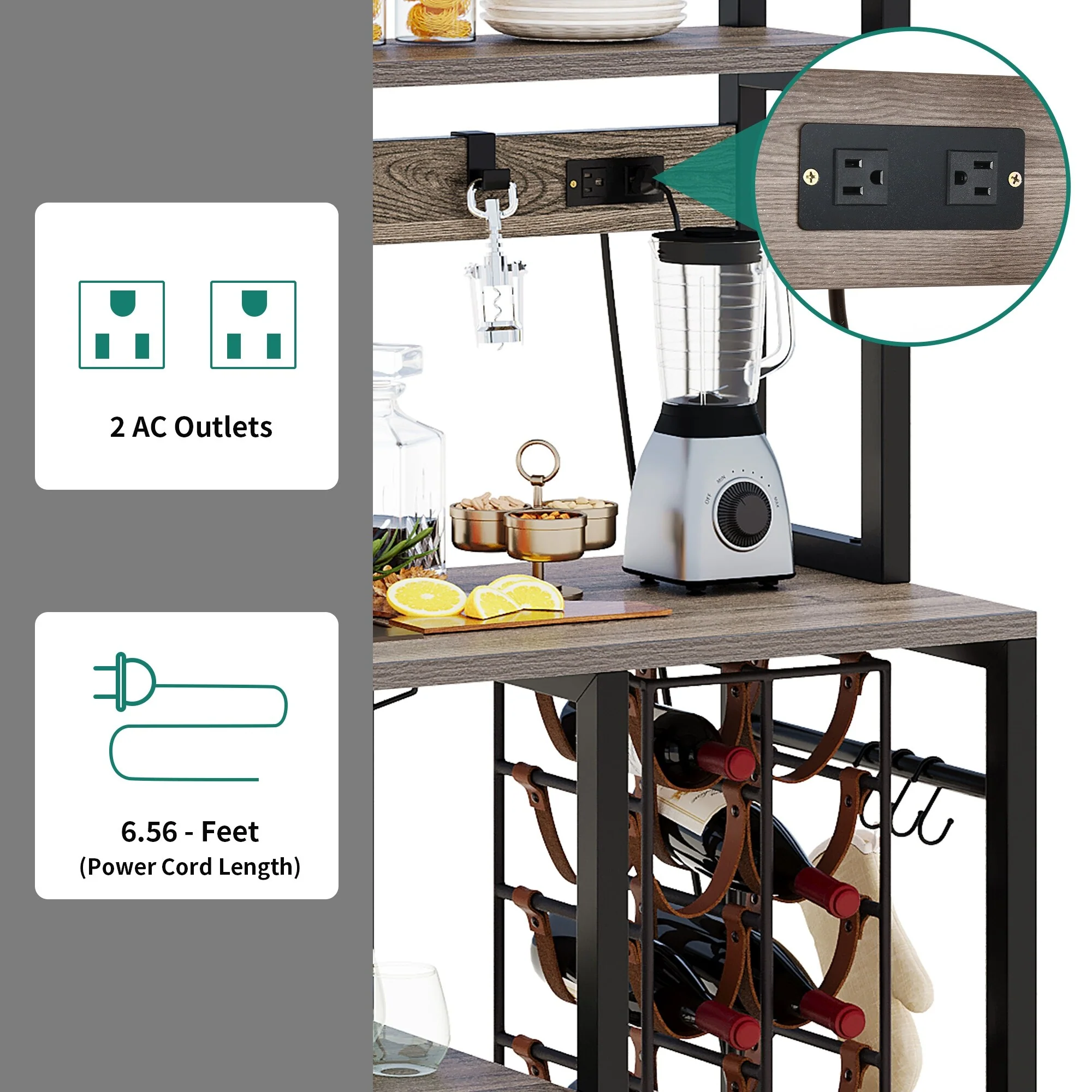 6-Tier Bakers Rack with Power Outlets Coffee Bar Station with Wine Glass Holder and Microwave Oven Stand