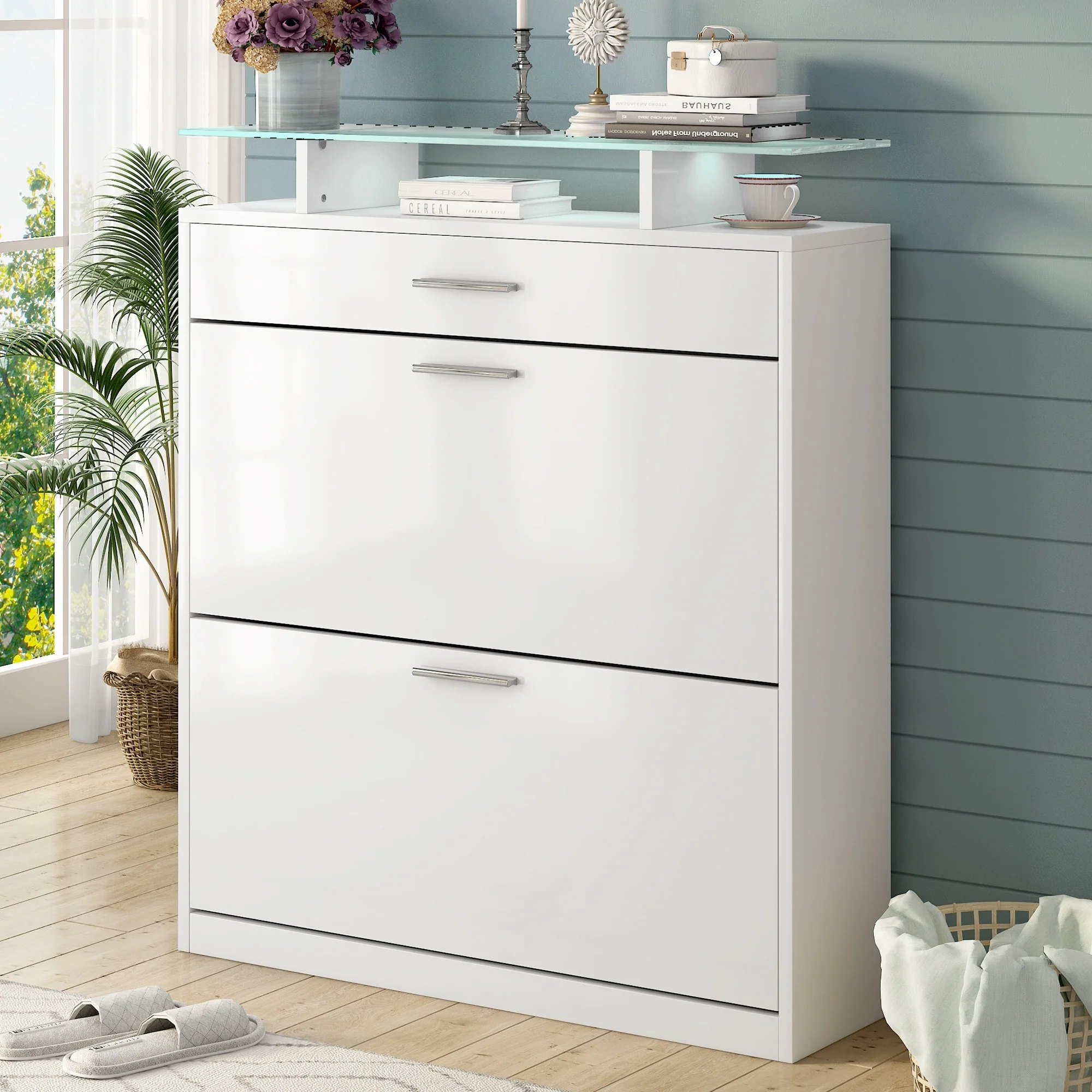 ON-TREND Slim Entryway Organizer with LED Light, two Flip Drawers, and Tempered Glass Top