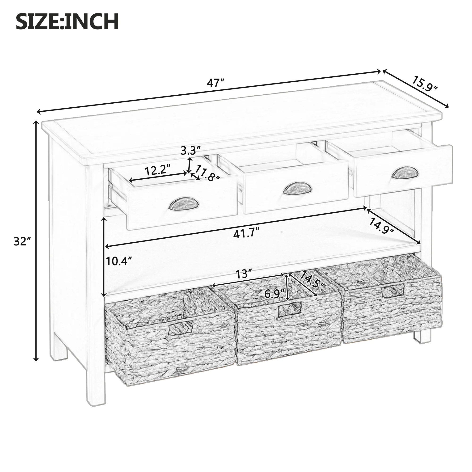 Coronate Console Table with Drawers and Water Hyacinth Woven Baskets