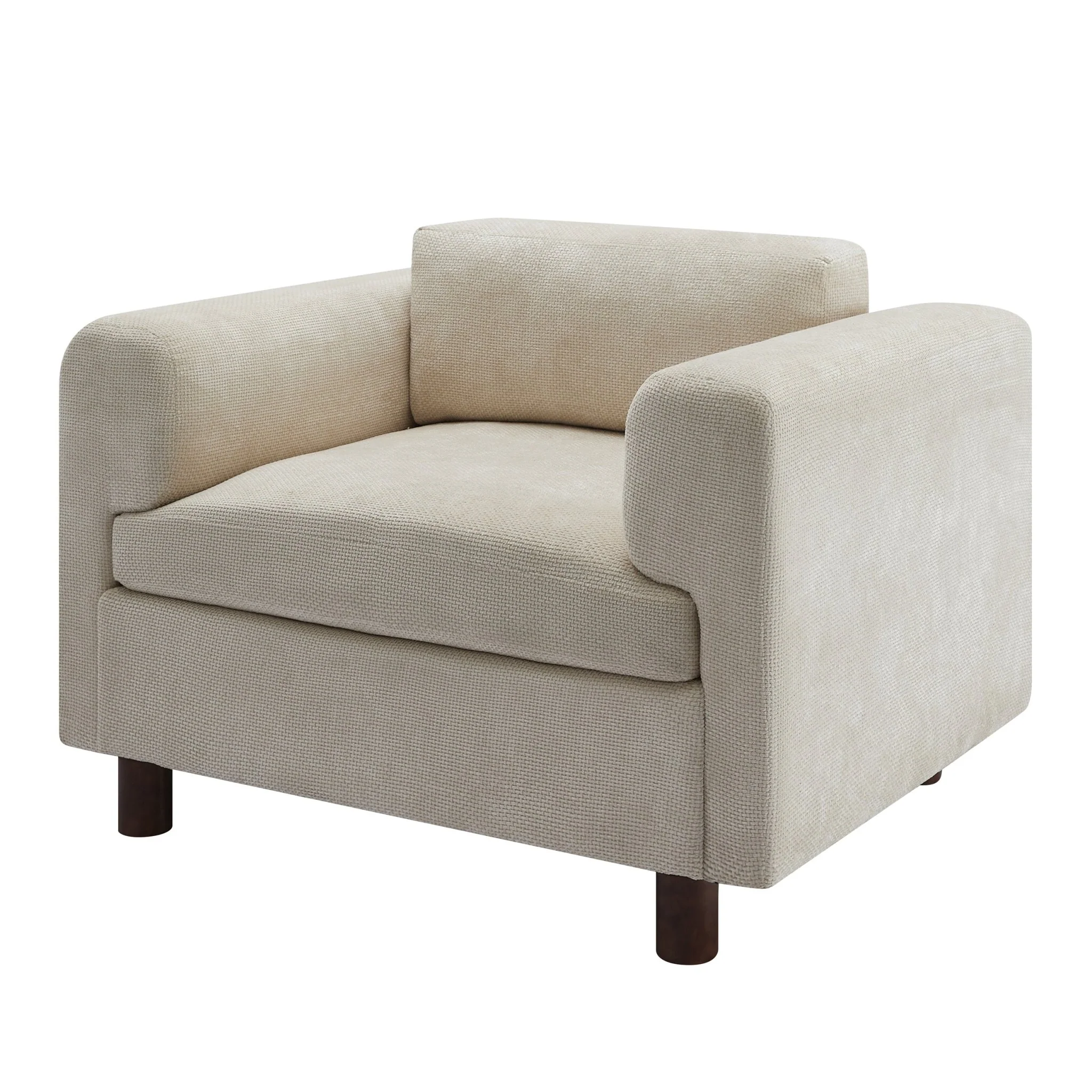 Elixired Upholstered Arm Chair with Tucked Armrests and Round Rubberwood Legs