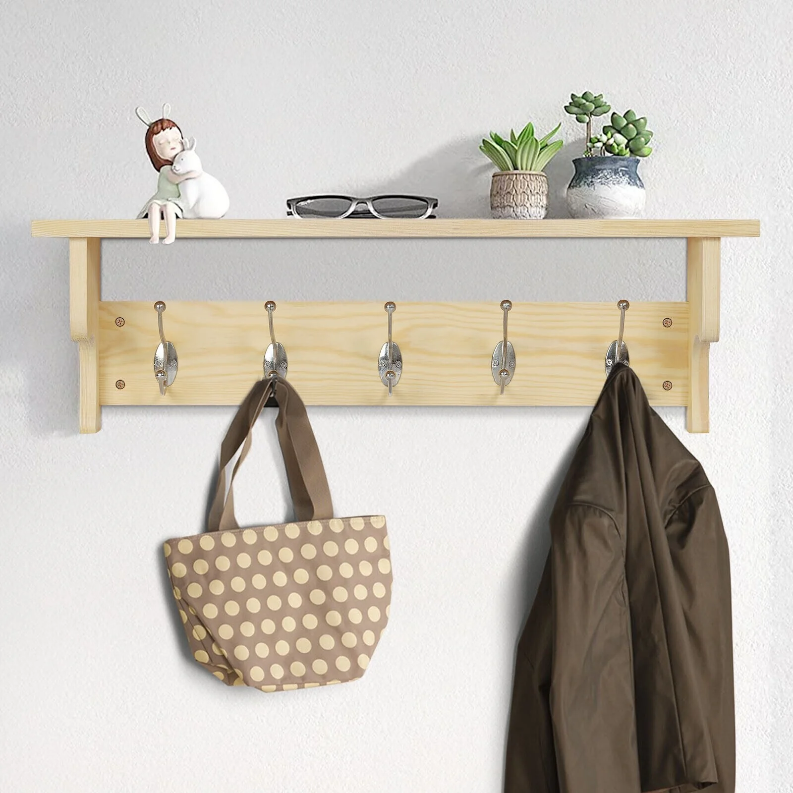 Rustic Wall Mounted Coat Rack with Storage Shelf & Metal Hooks
