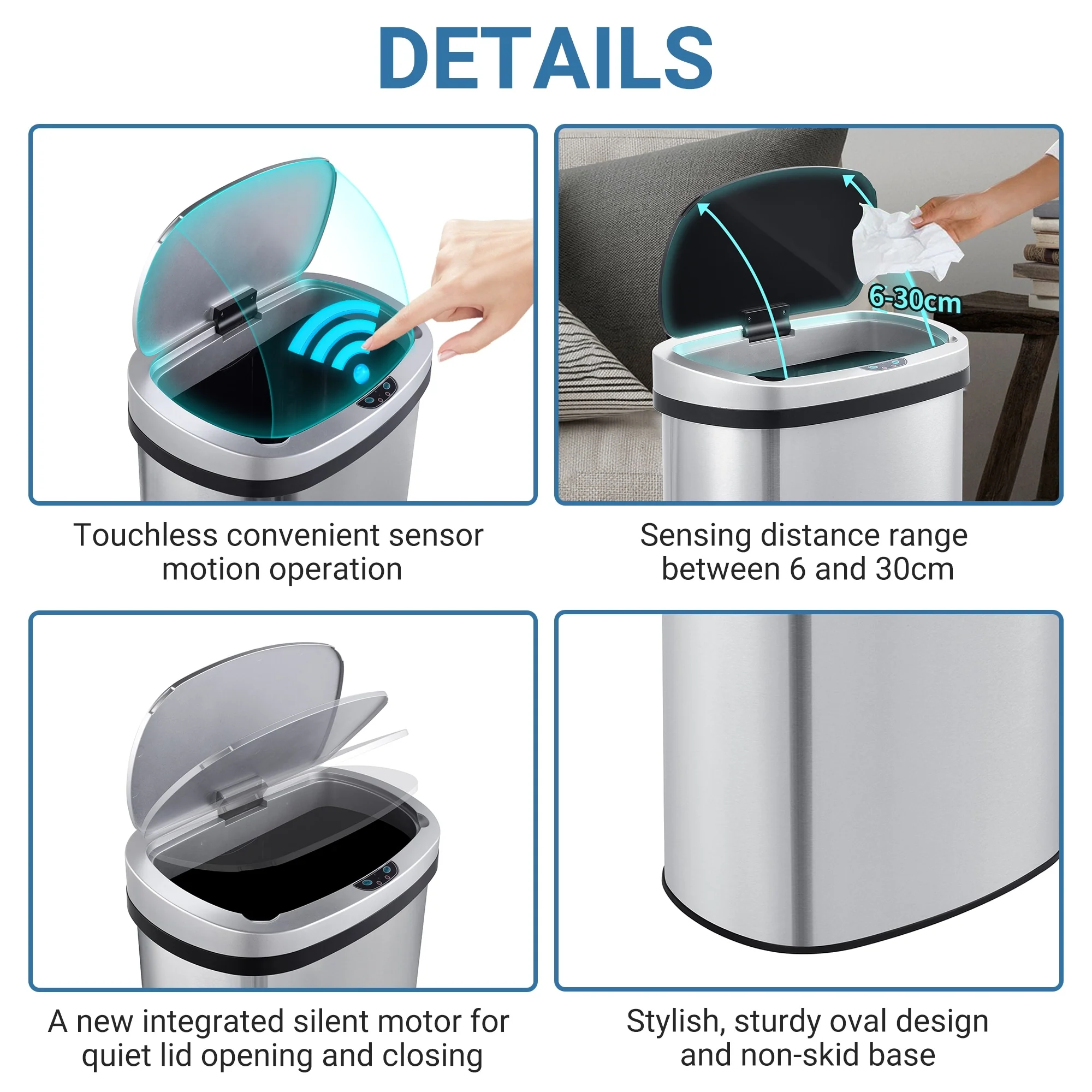Innovaze 13 Gal./50 Liter Stainless Steel Oval Motion Sensor Trash Can for Kitchen