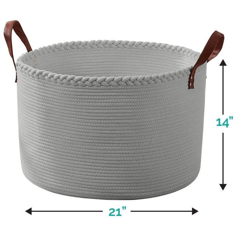 Large Round Cotton Rope Storage Basket Laundry Hamper with Leather Handles, 21 x 21 x 14 - 21