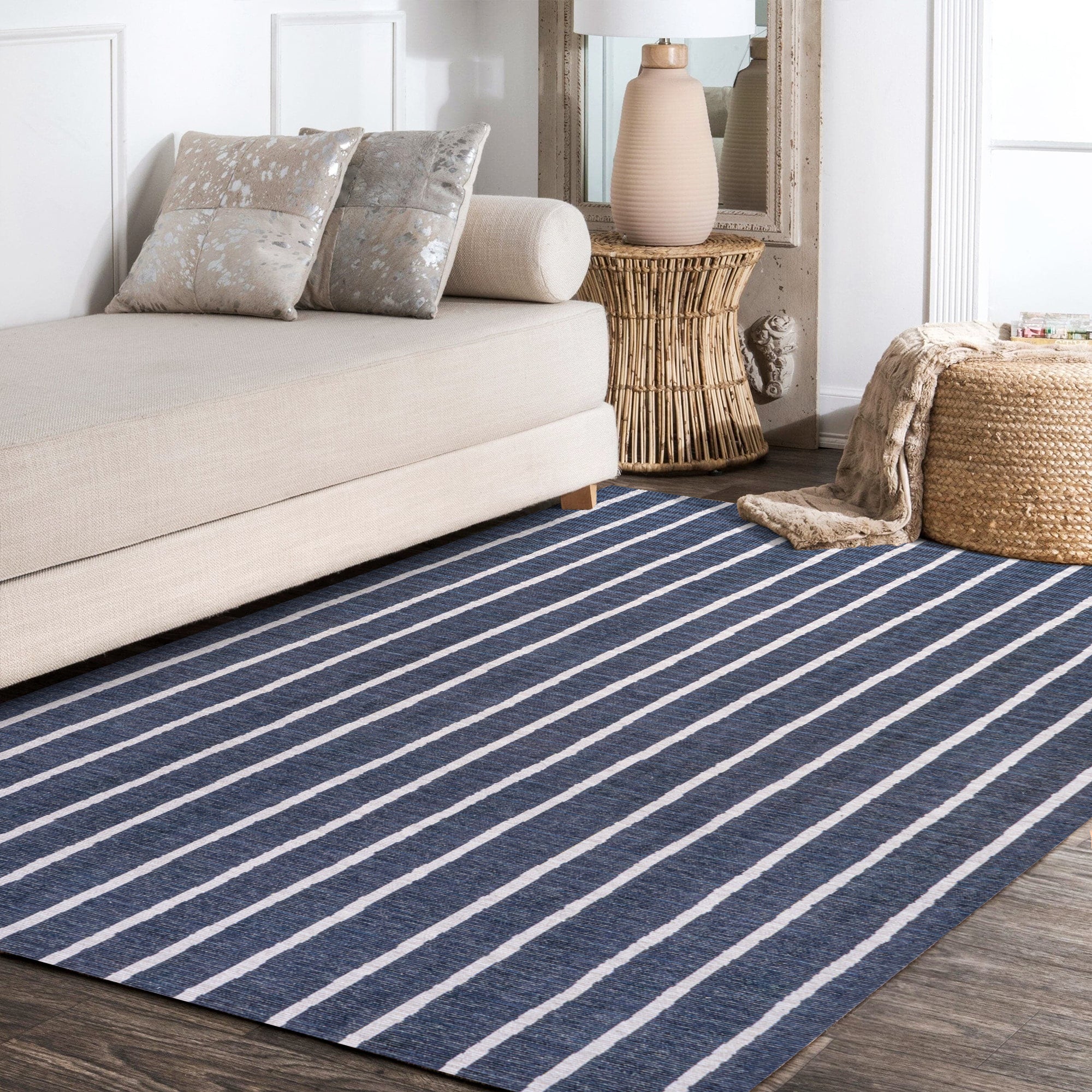 Rand Distressed Ticking Stripe Machine-Washable Area Rug