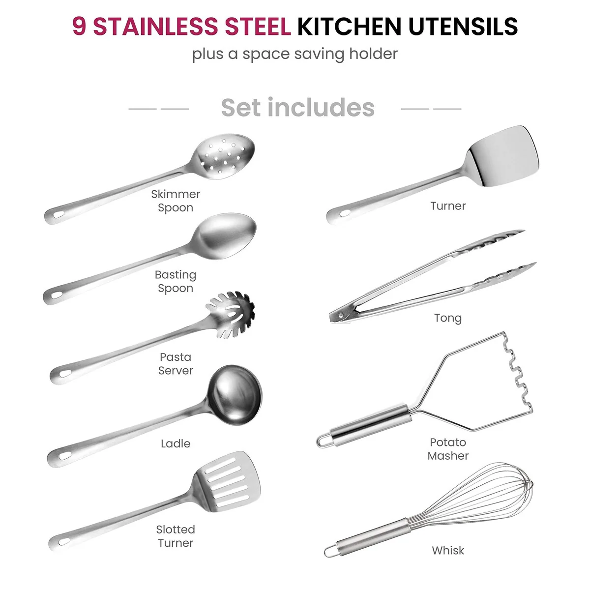 Stainless-Steel Kitchen Utensil Set - 10 Piece Set