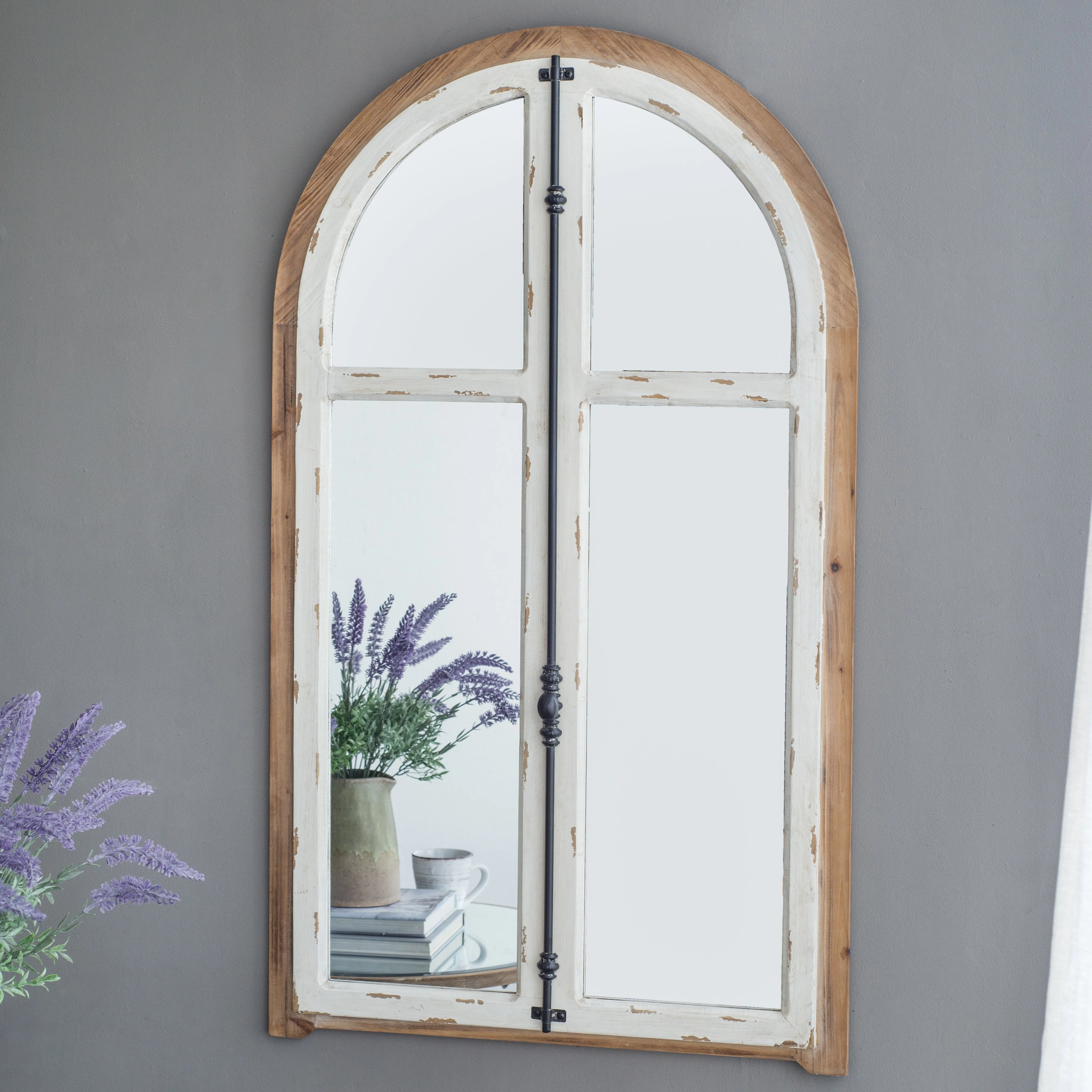 Wood Wall Mirror with Arched Window Design