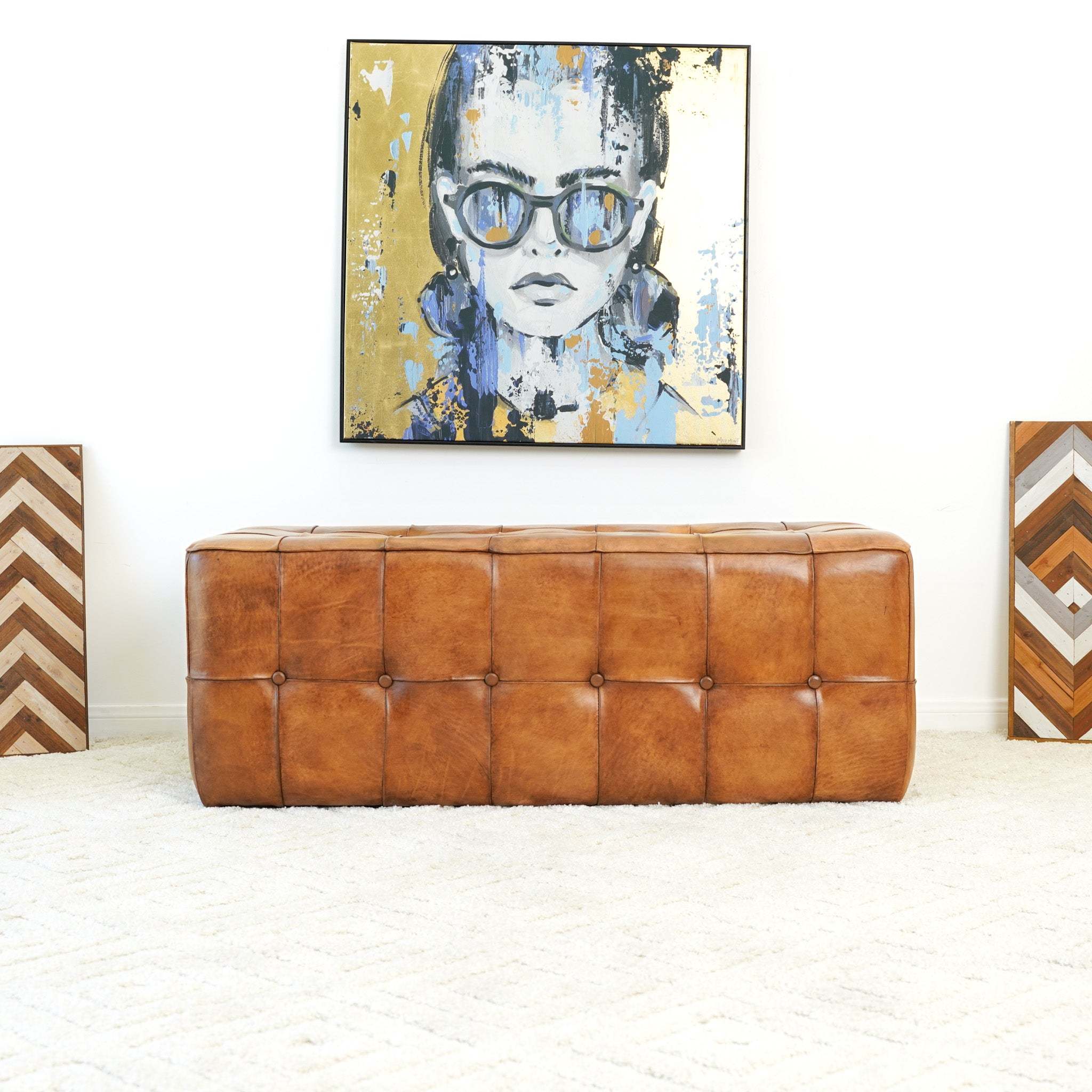 Benjiro Mid-Century Modern Tan Leather Tufted Ottoman