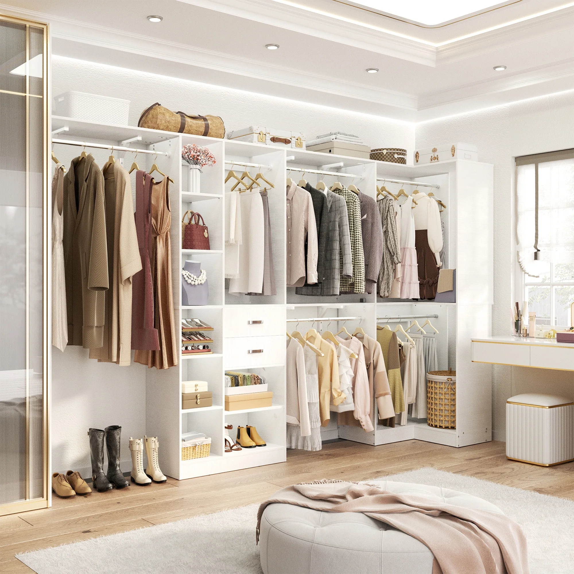 31.5'' to 96'' W Closet Organizer System with Drawers and Tower Shelves for Reach-in and Walk-in Closet