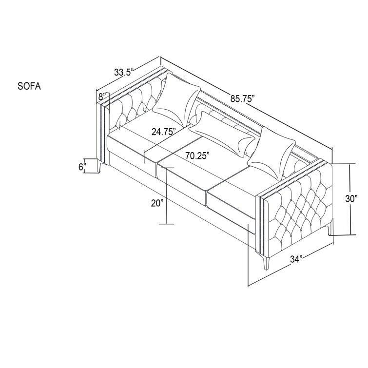 Marvine 86" Velvet Square Arm Chesterfield Sofa