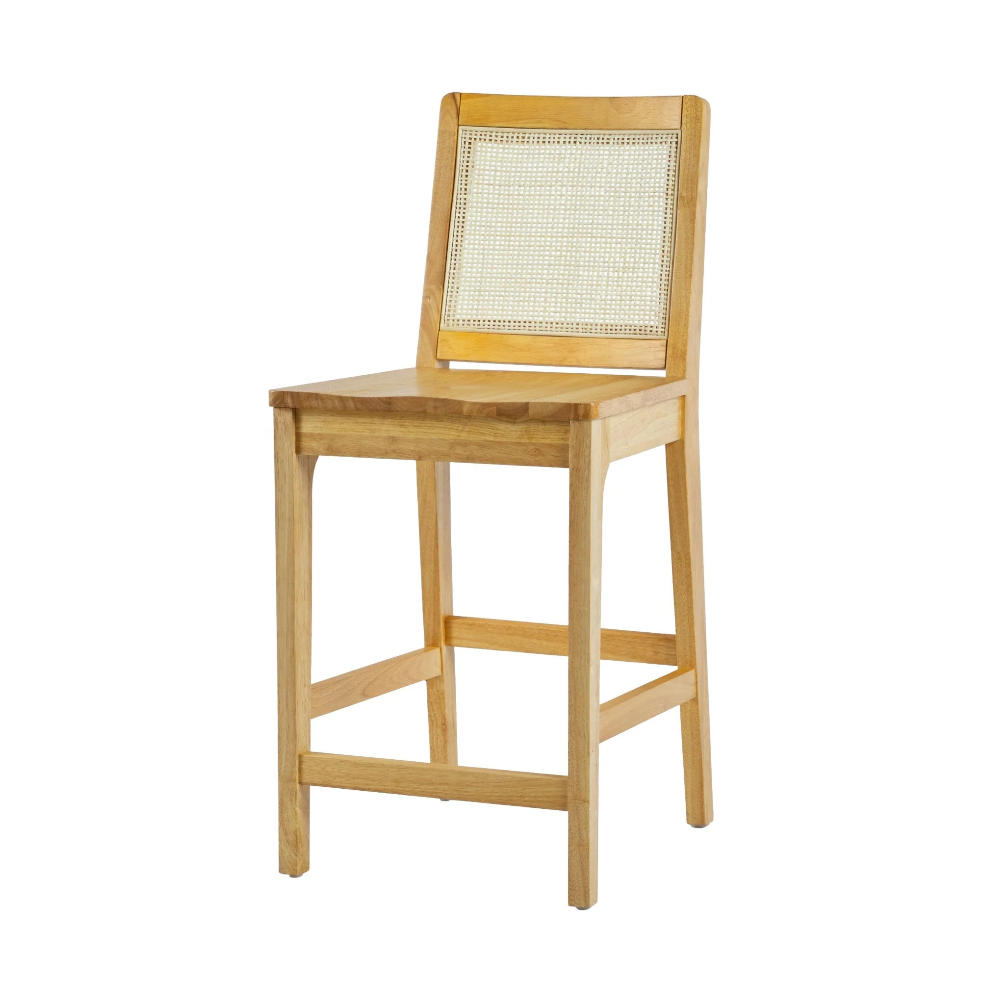 Solid Wood Counter Stool with Rattan Inset Back, Set of 2
