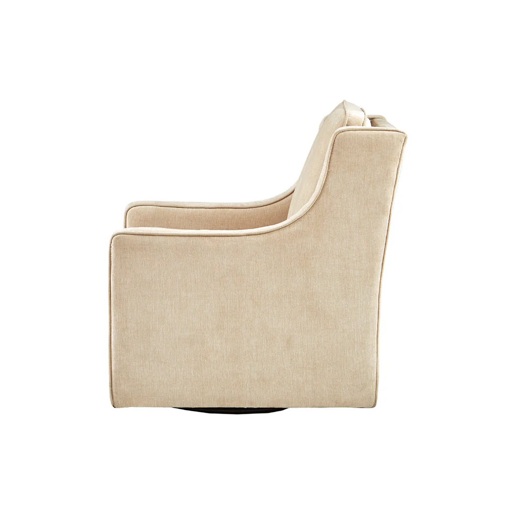 Upholstered Swivel Chair with Curved Armrest and Metal Base