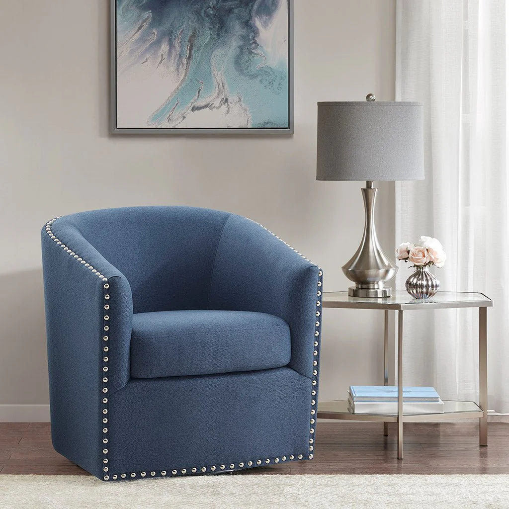 Fantasyy Upholstered Swivel Chair with Nailhead Trim and Curved Design