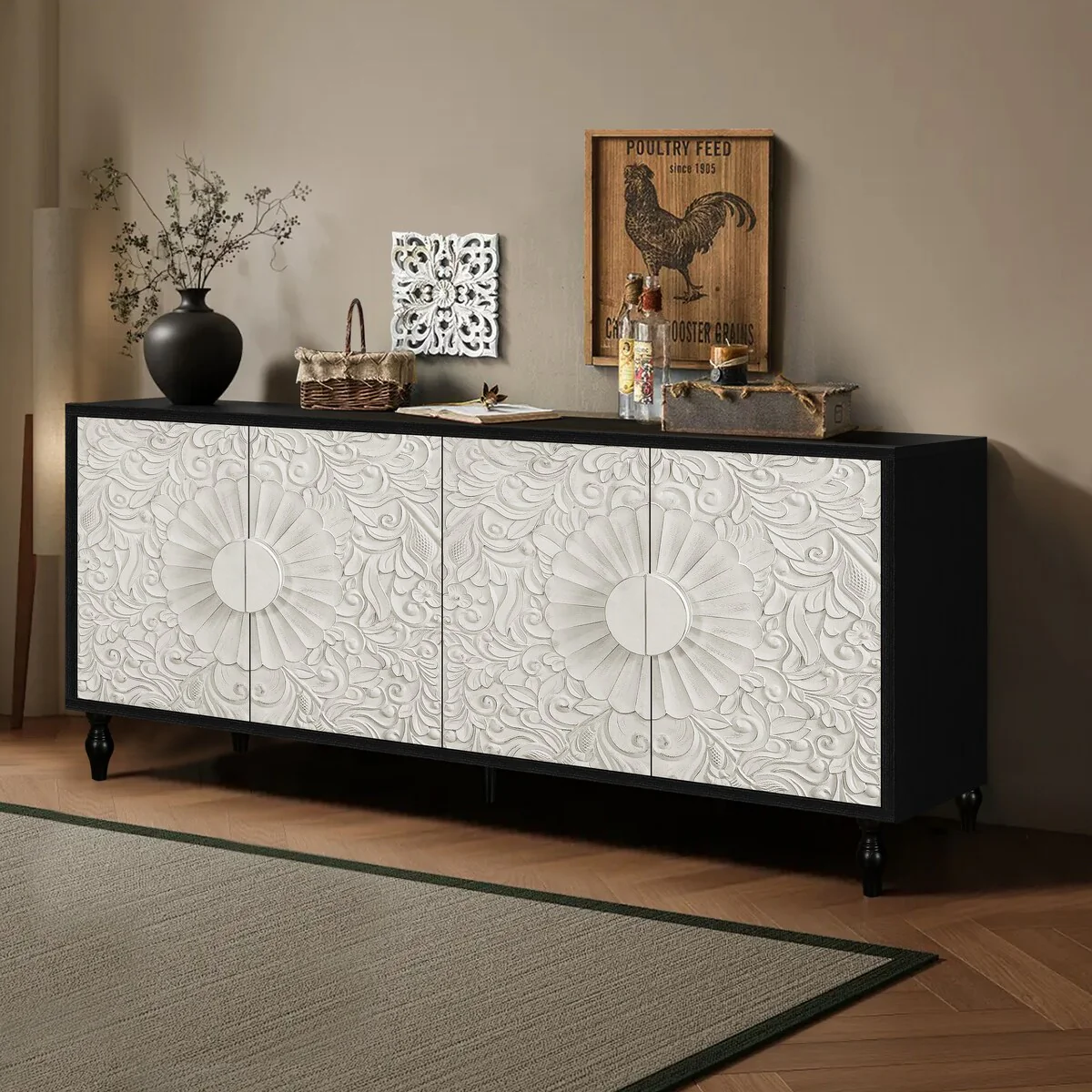 Carved Symmetrical Design Door And Wood Coloured Frame For Tv Stand Table