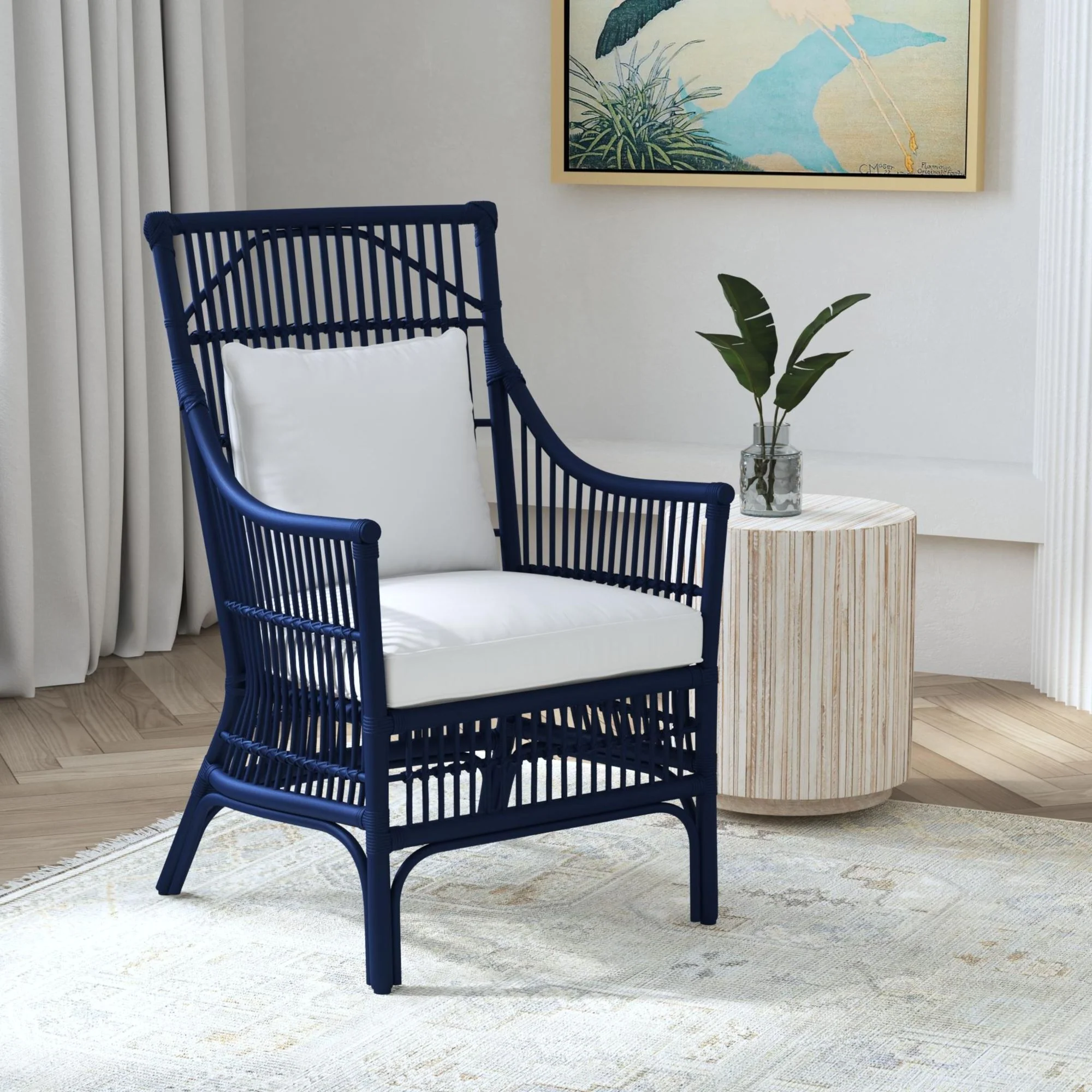 Rattan Slat Back Dining Arm Chair Navy