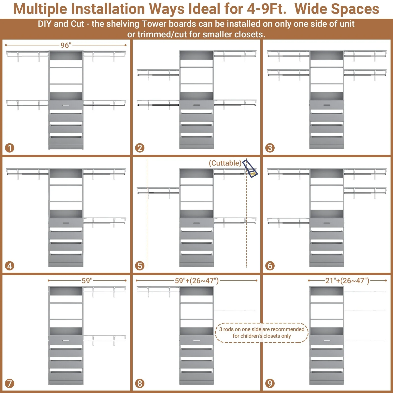 Rackcog 96'' Closet System with 4 Drawers and 4 Hanging Rods, 8FT Wood Closet Organizer for Walk-in Closet