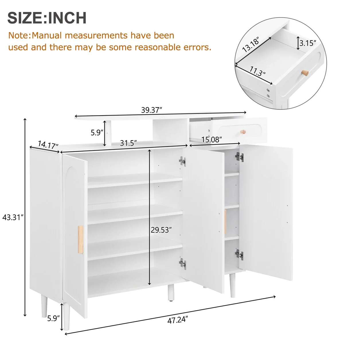 Shoe Cabinet with Arched Doors and Drawer, Cream Style Storage Sideboard with Adjustable Shelves and Solid Wood Legs