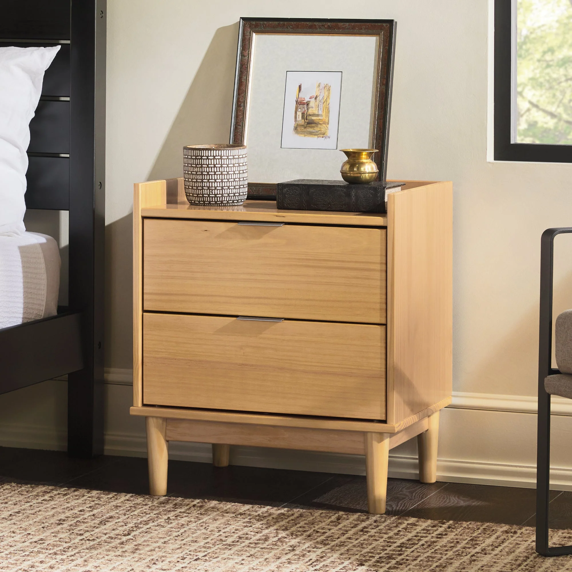 Illuminated Solid Wood Nightstand with 2 Drawers