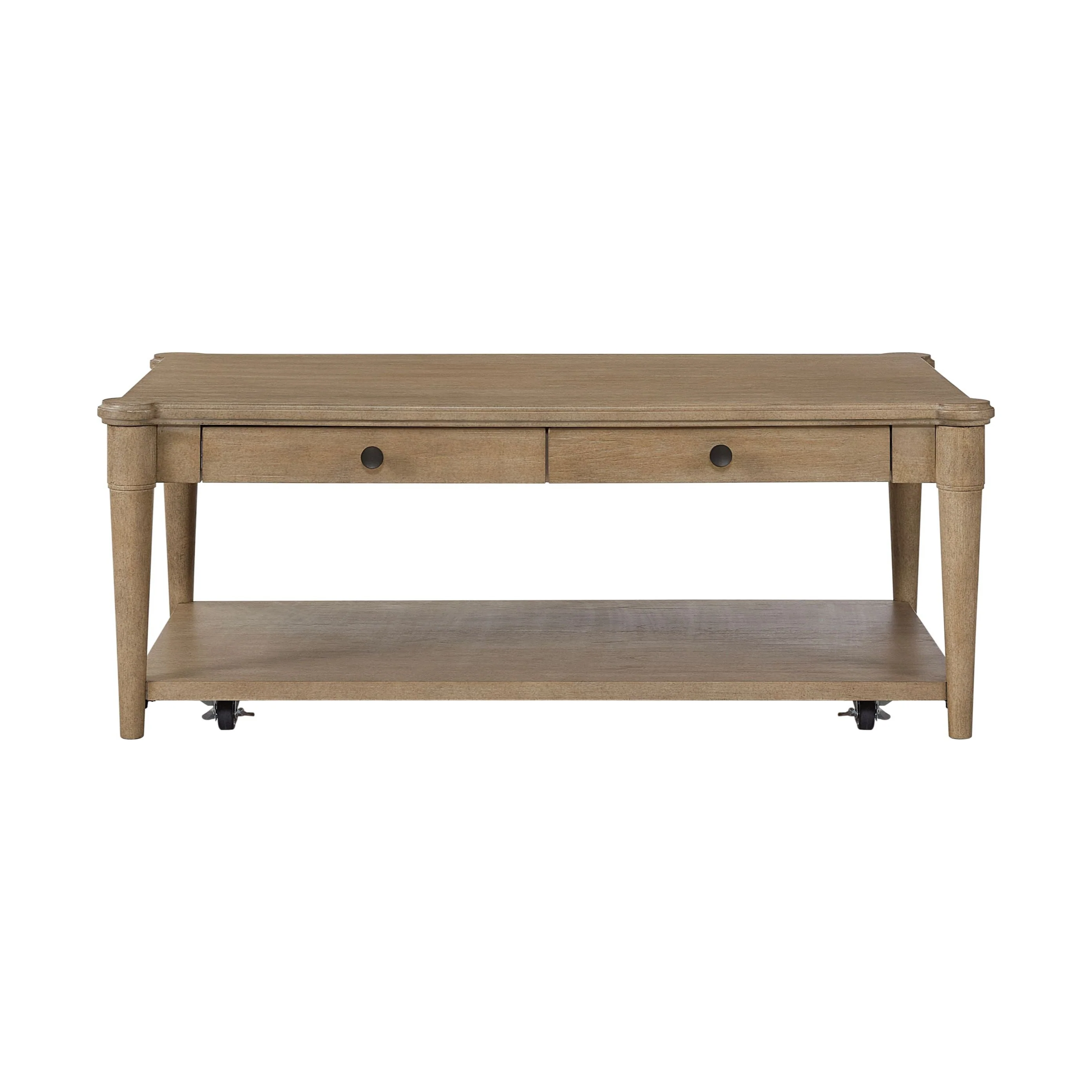 Cocktail Table with Casters, 2 Storage Drawers and Bottom Shelf