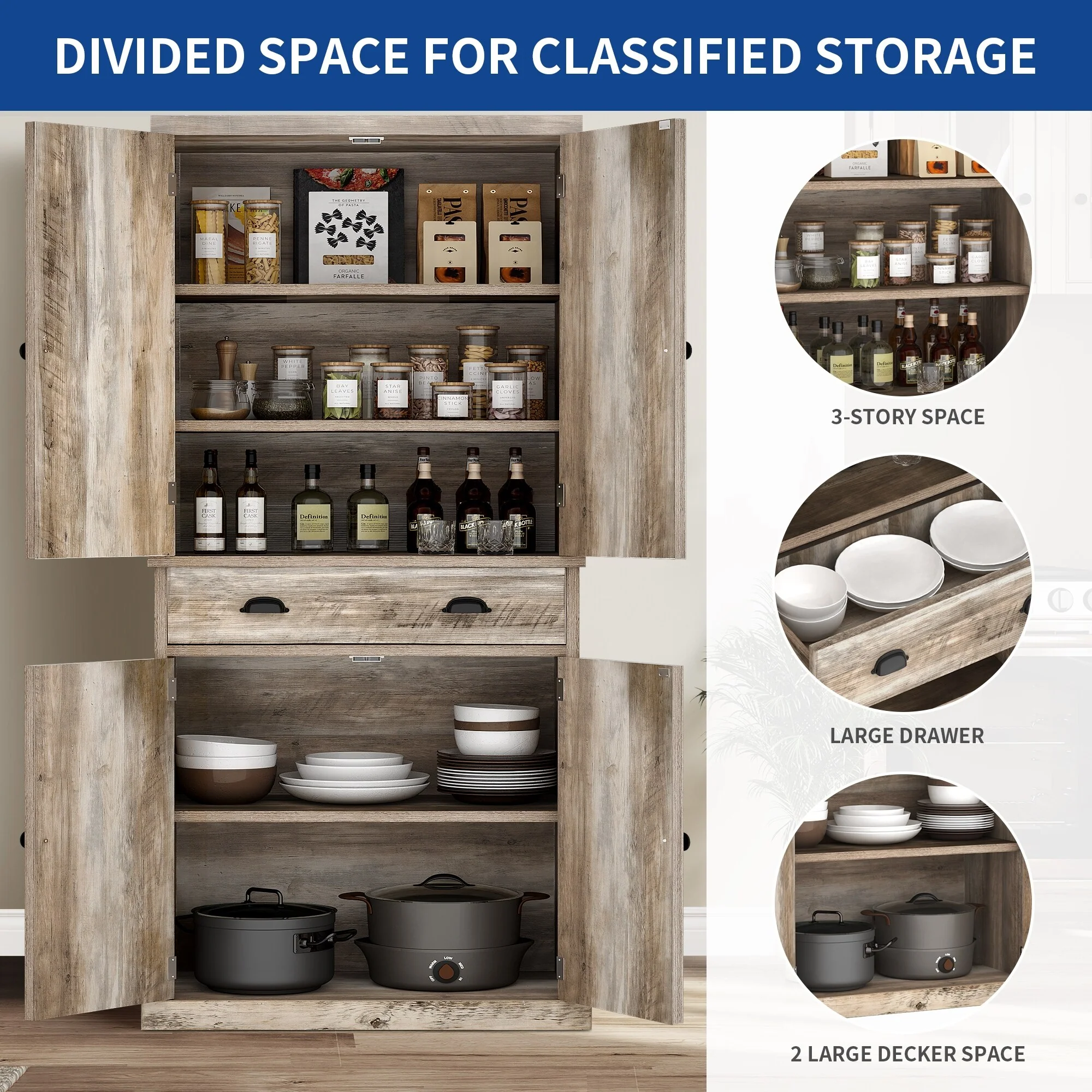Moasis Farmhouse Traditional Freestanding Kitchen Pantry Storage Cabinet Cupboard