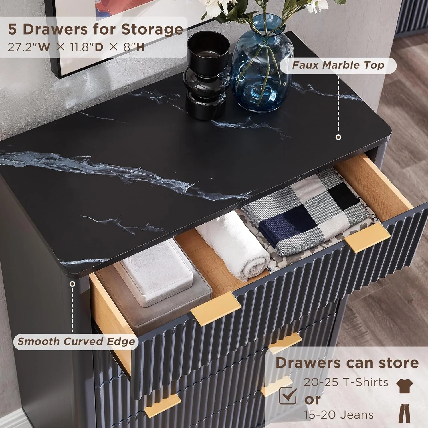 Modern Fluted 5 Drawers Dresser, Chest of Drawers, Dresser TV Stand
