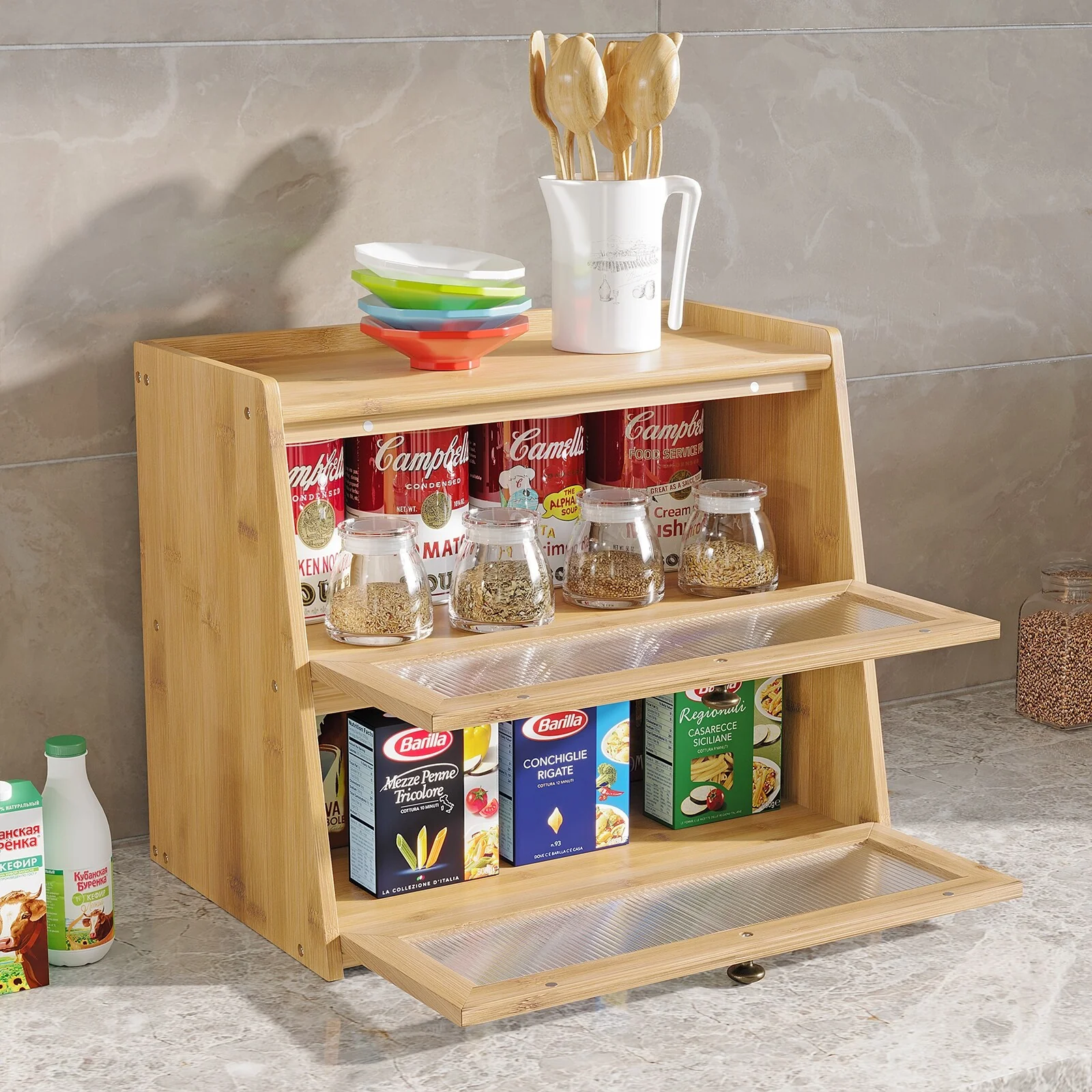 Double Layer Bamboo Bread Box for Kitchen Counter, Large Capacity Bread Storage Bin with Window Bread Holder.