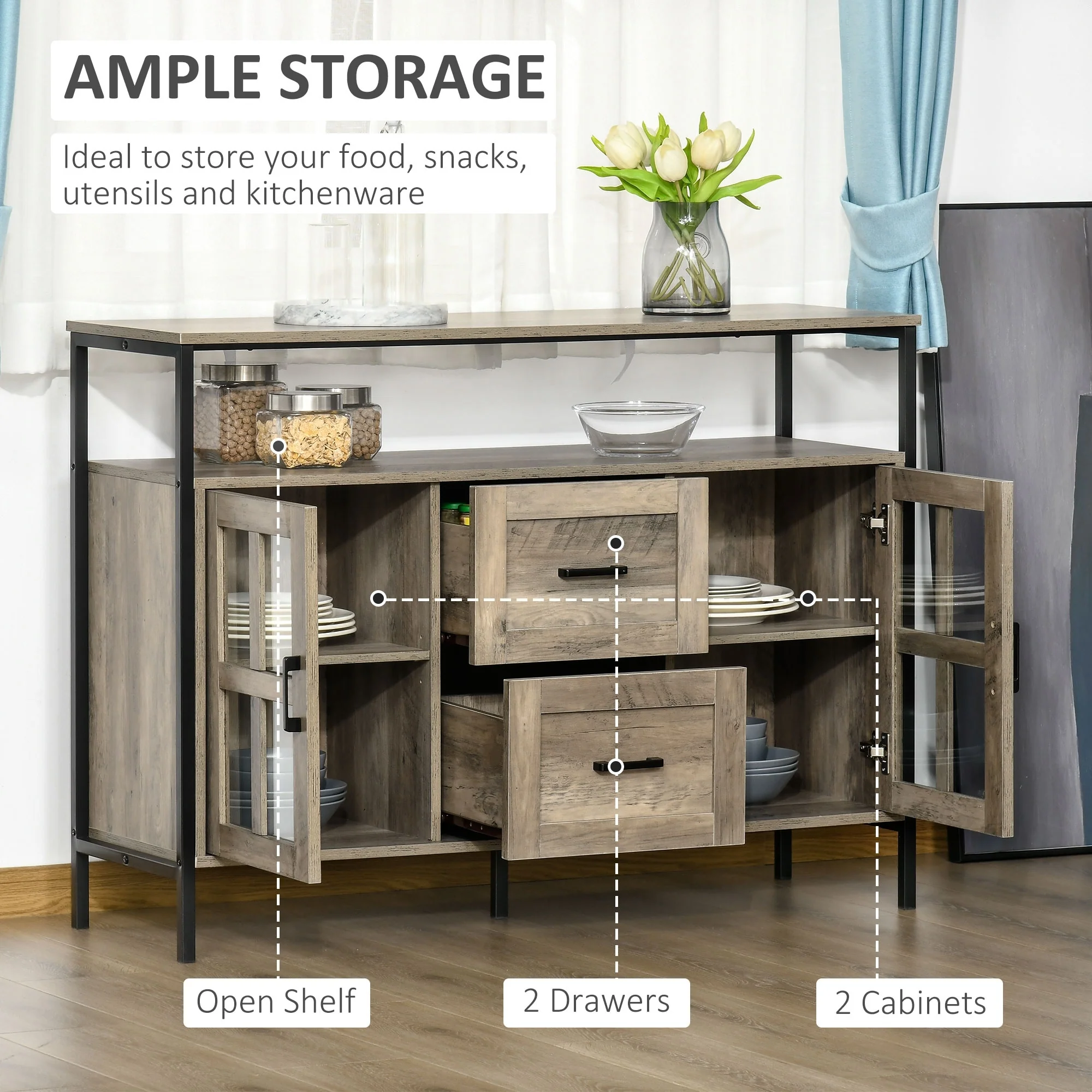 HOMCOM Rustic Kitchen Sideboard, Serving Buffet Cabinet with Adjustable Shelves, Glass Doors, and 2 Drawers