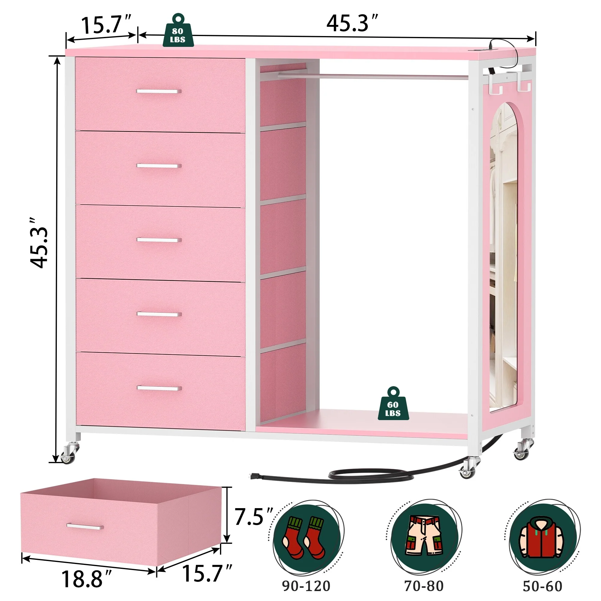Kid's Closet Organizer with Fabric Drawers and Mirror, Rolling Dresser and Chest with Charge Station