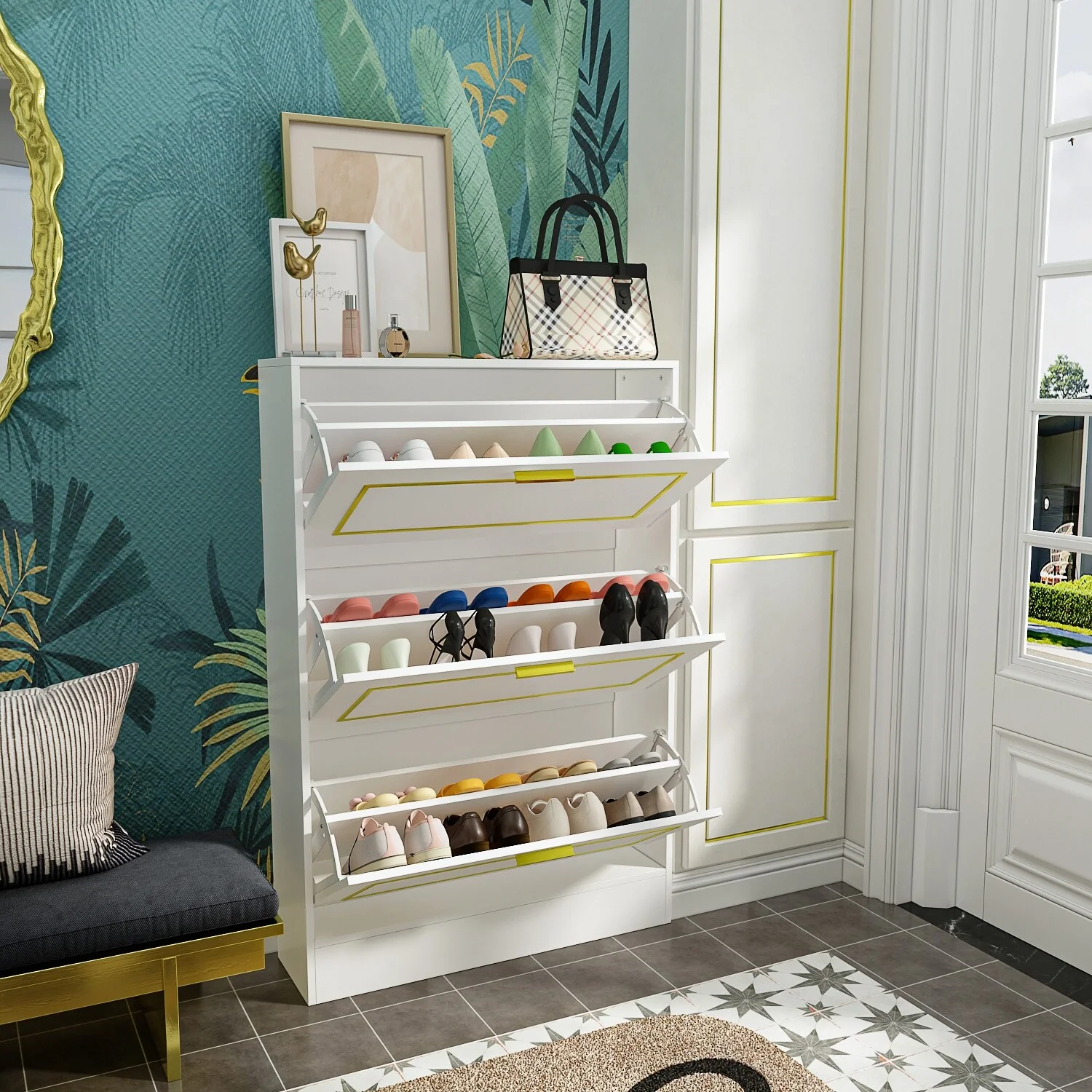 Fold-Out Shoes Cabinet Storage Cabinet Dresser Chest(Black/White)