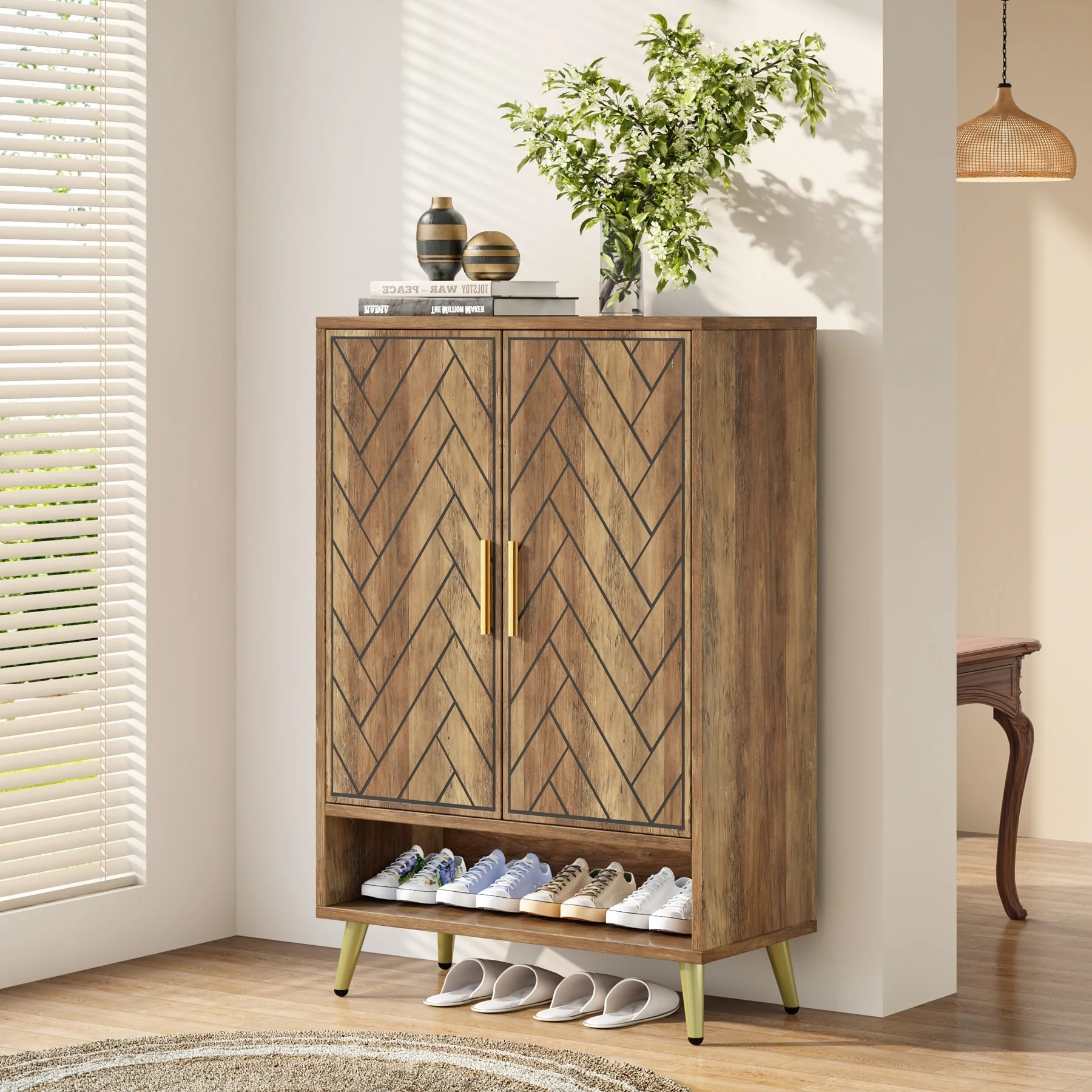 Walnut Shoe Cabinet, 6-Tier Wooden Shoe Organizer with Stable Leg