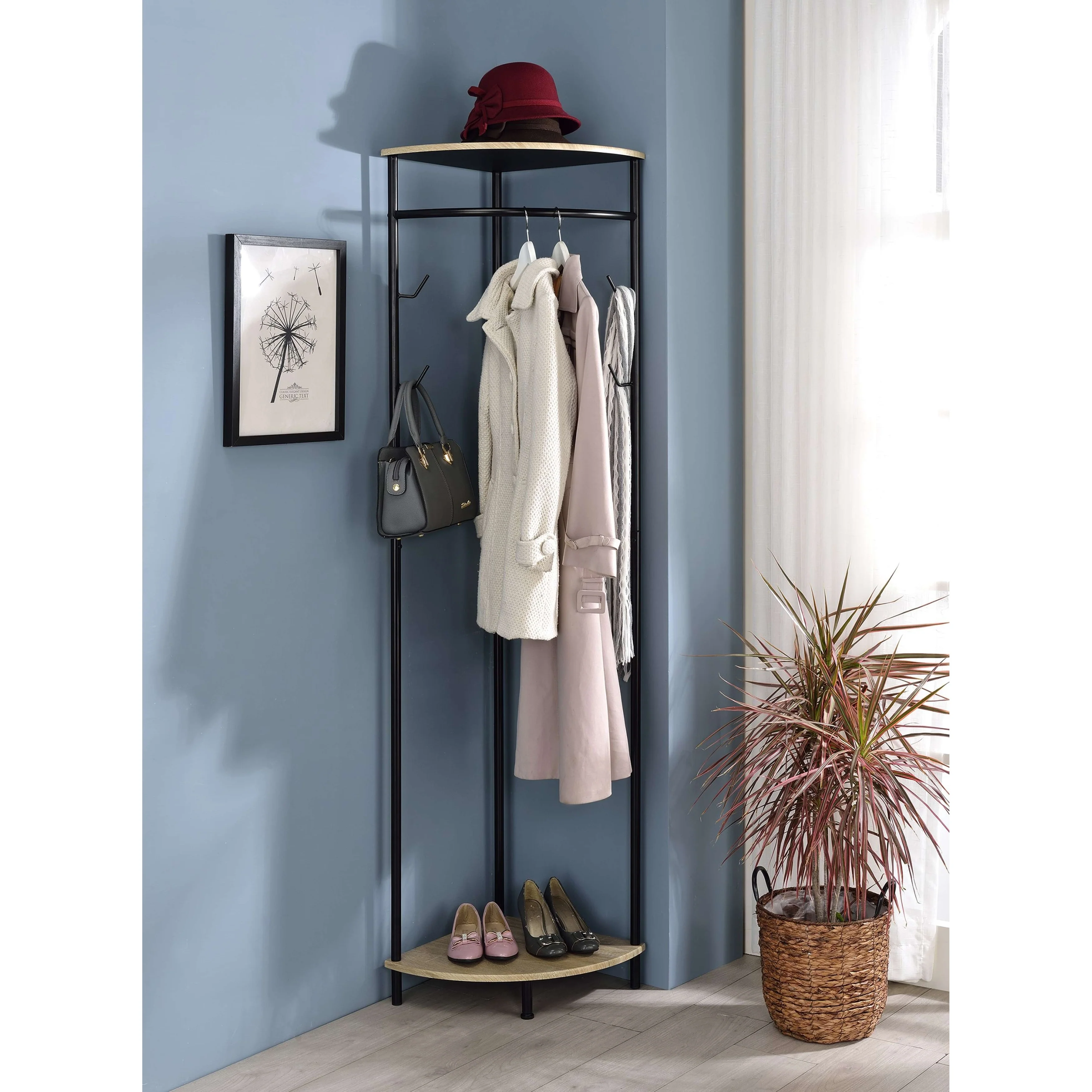 Corner Hall Tree Coat Rack With Shelf & Shoe Storage