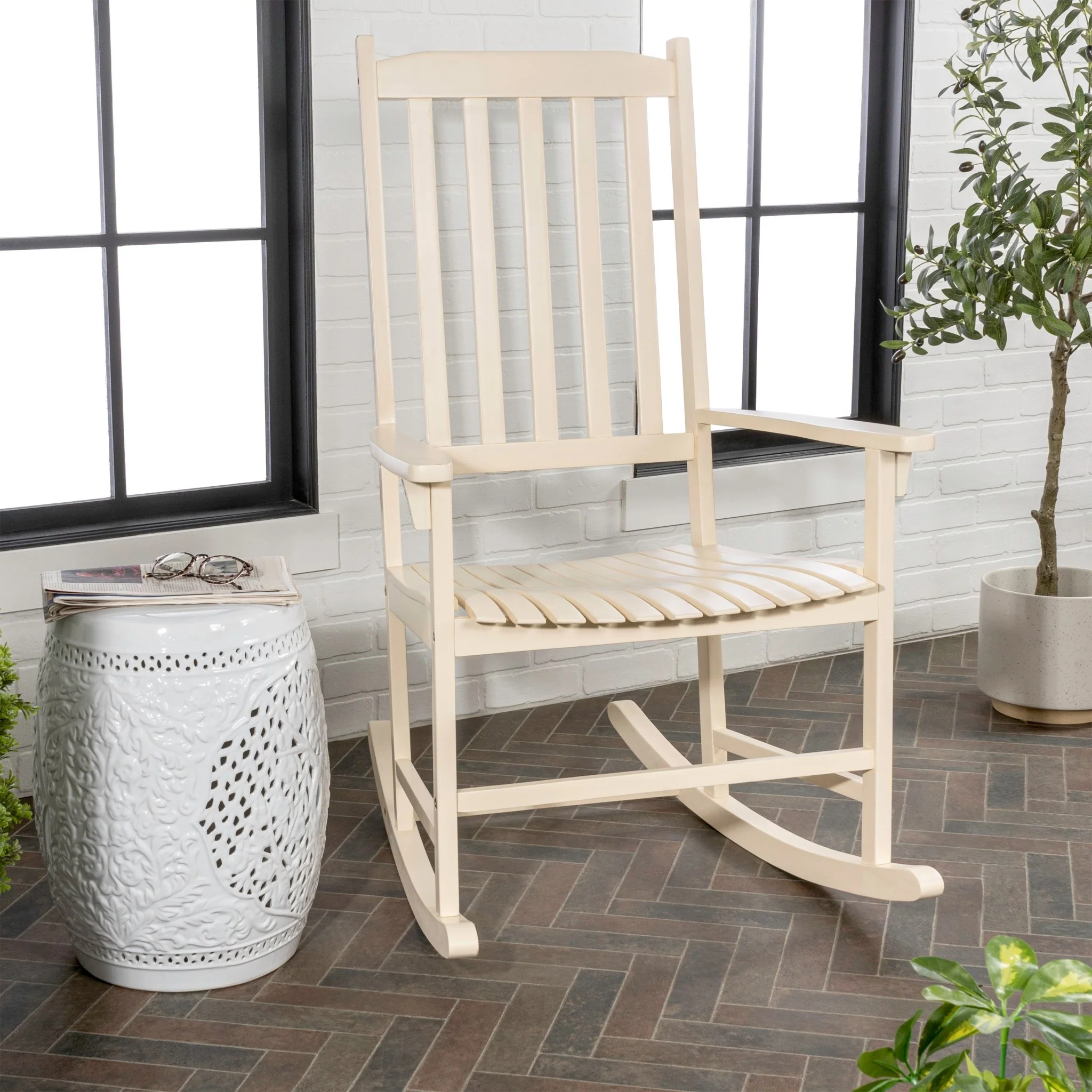 Seagrove Farmhouse Classic Slat-Back 350-LBS Support Acacia Wood Outdoor Rocking Chair, Almond