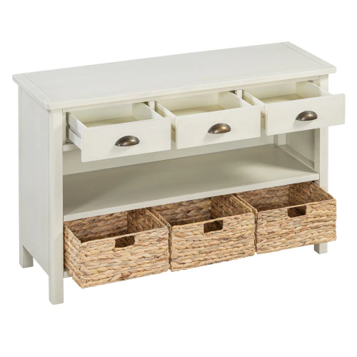 Coronate Console Table with Drawers and Water Hyacinth Woven Baskets