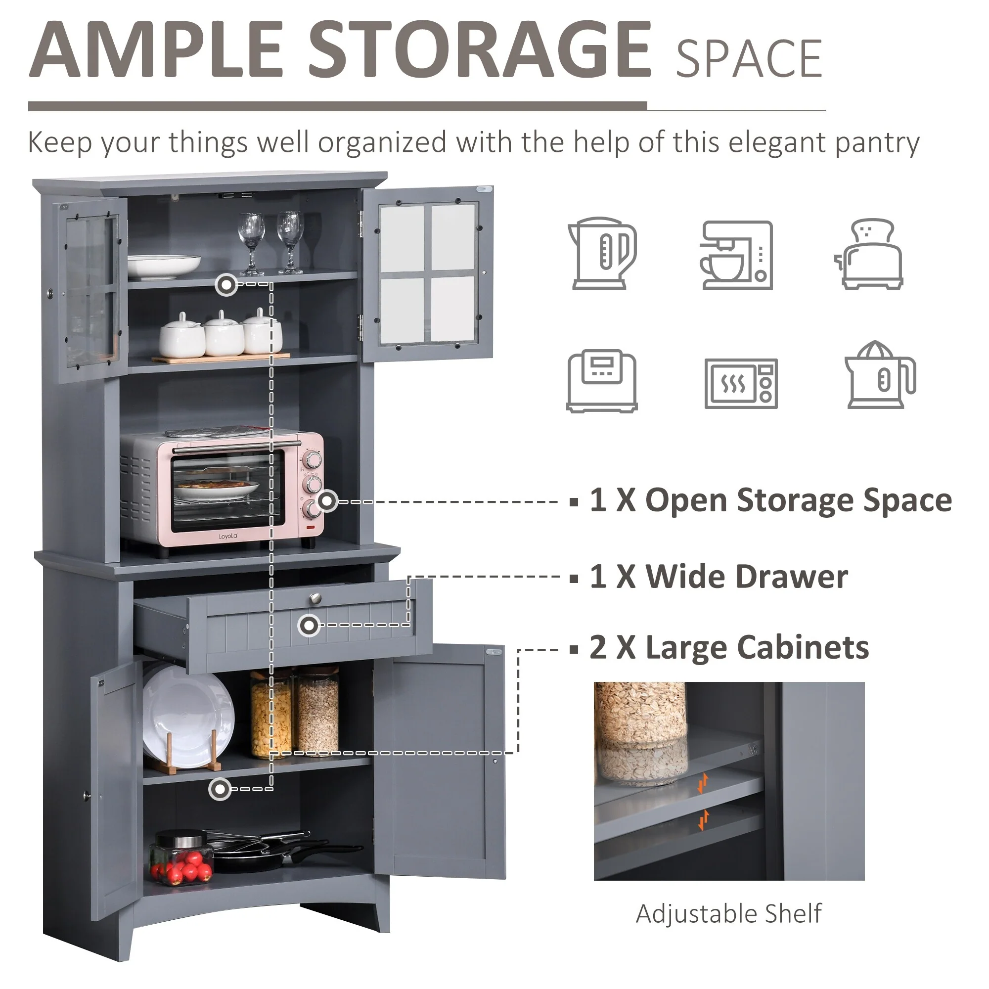 HOMCOM Kitchen Buffet Hutch Wooden Storage Cupboard with Framed Glass Door, Drawer and Microwave Space - 27