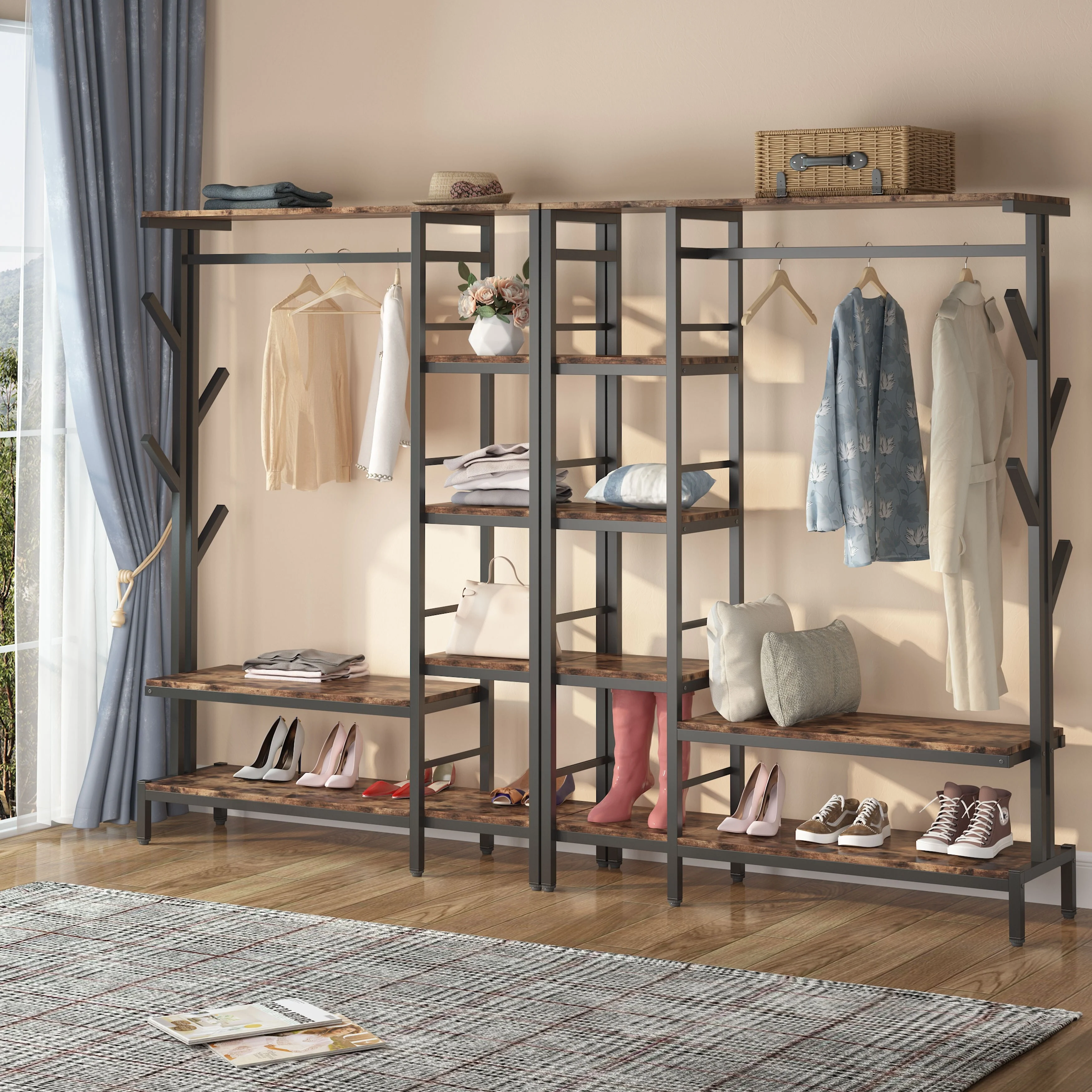 Free-standing Closet Organizer with Hooks, Garment Rack, Coat Rack with Shoe Bench