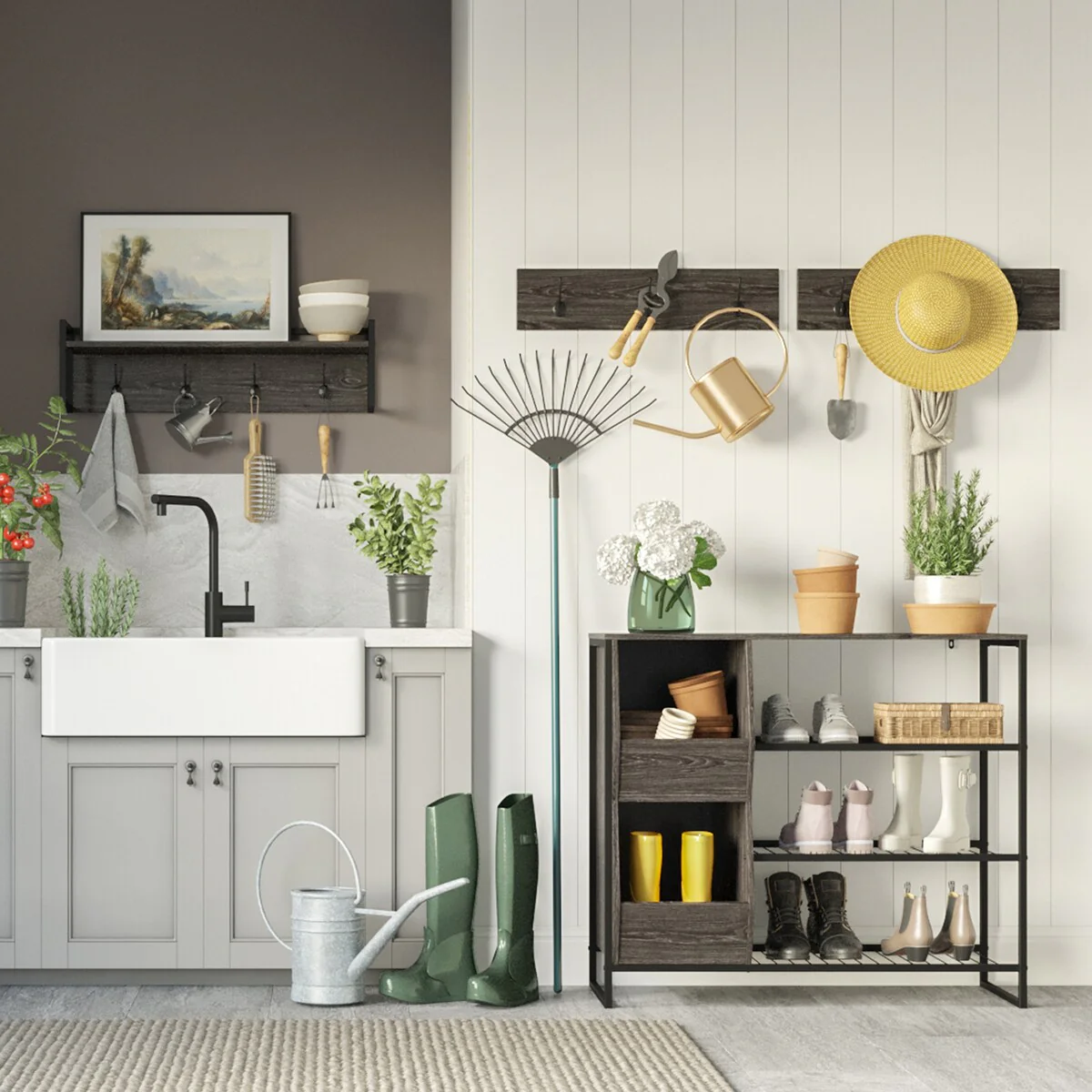 RiverRidge Afton 4-Hook Wall Mount Entryway Organizer Coat Rack Hanger - Weathered Woodgrain and Dark Brown Hooks