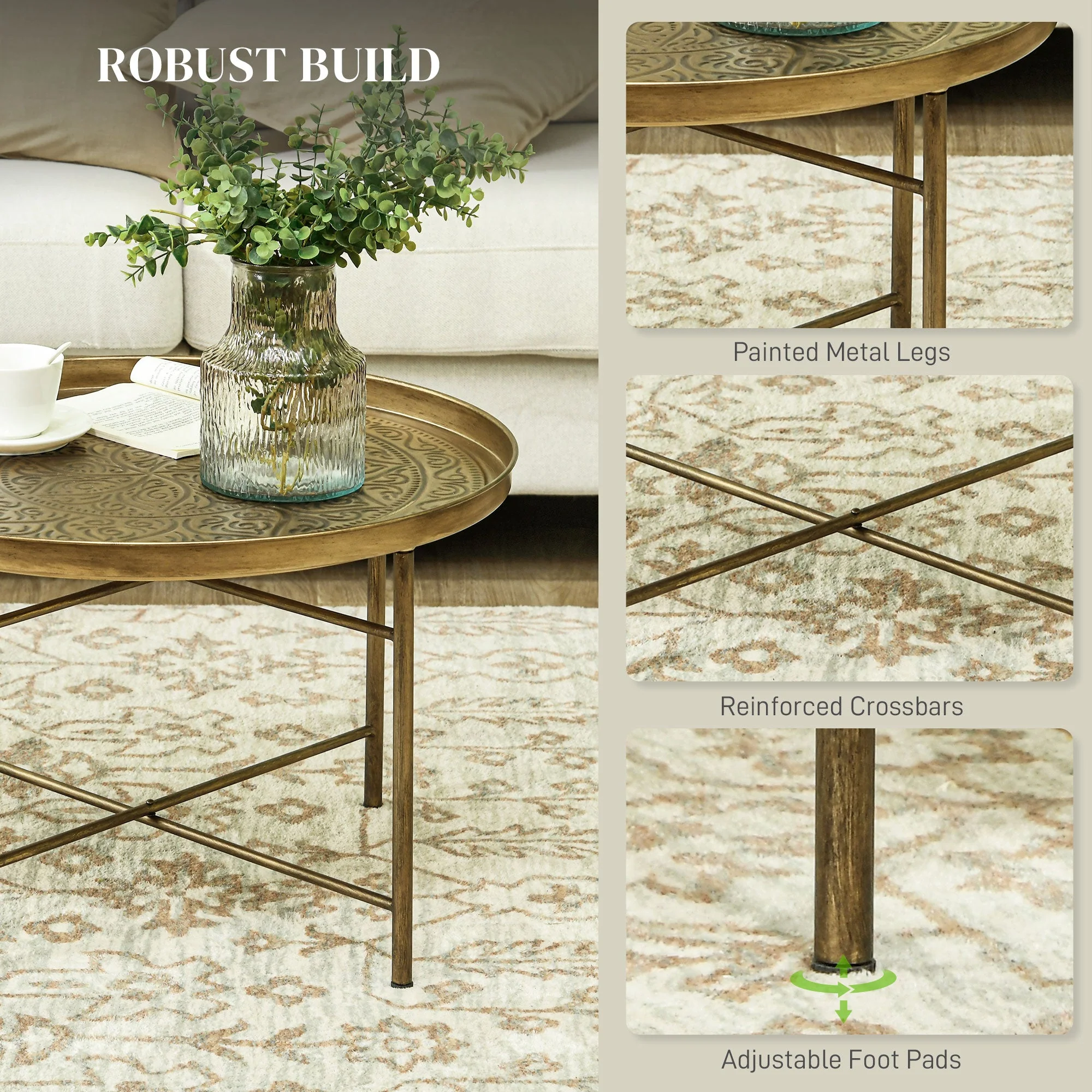 Round Coffee Table with Hammered Tray Top and X-Shaped Metal Base