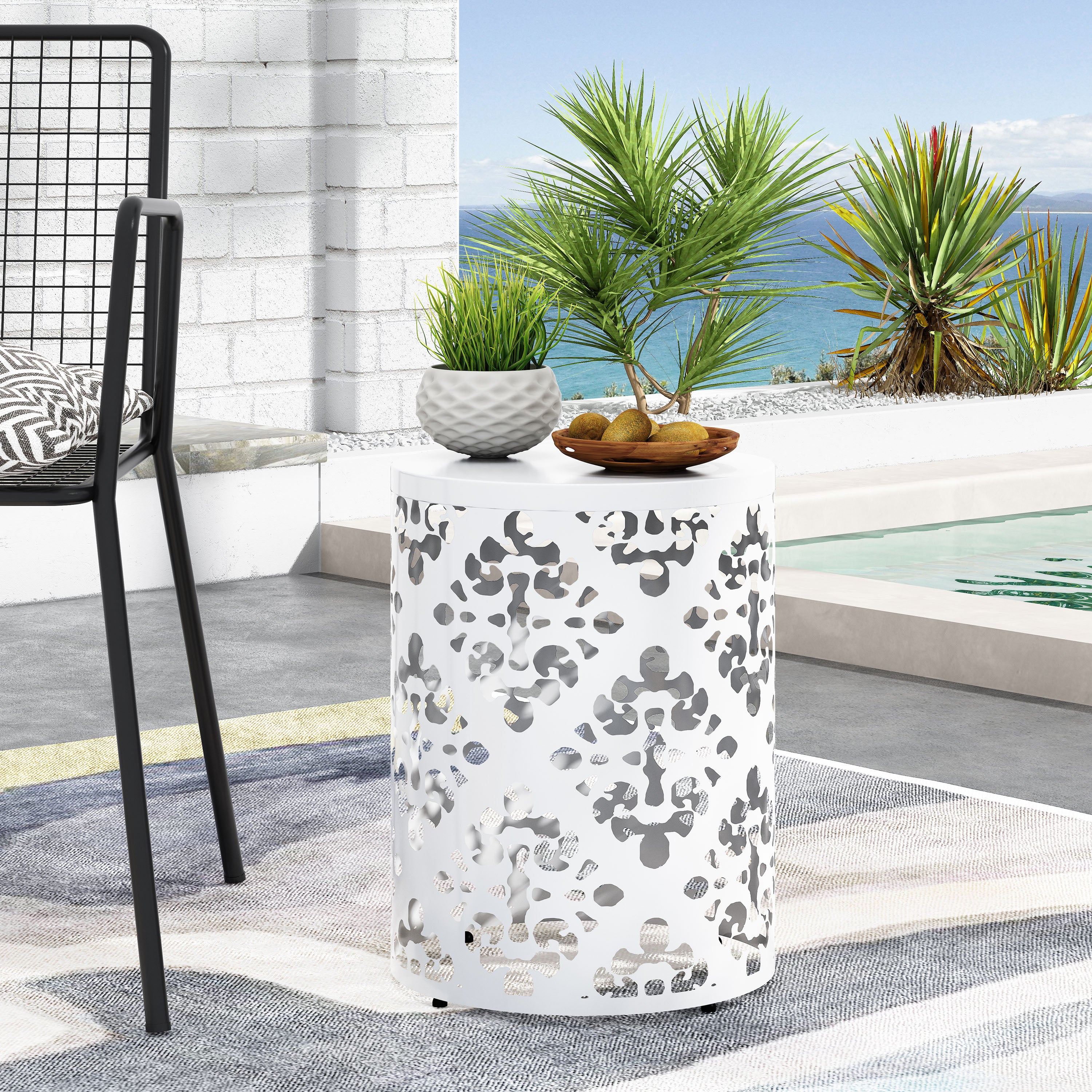 Spherical Outdoor Cylindrical End Table with Iron Cut Design