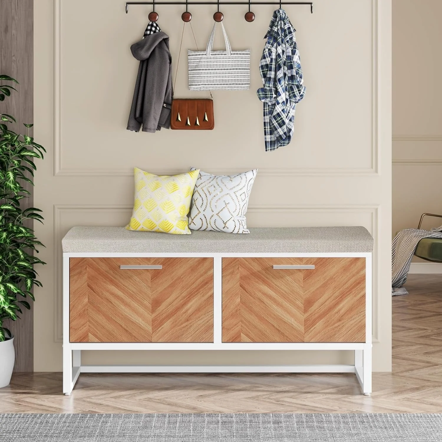 Shoe Storage Bench with Cushion, Entryway Shoe Bench with 2 Flip Drawers