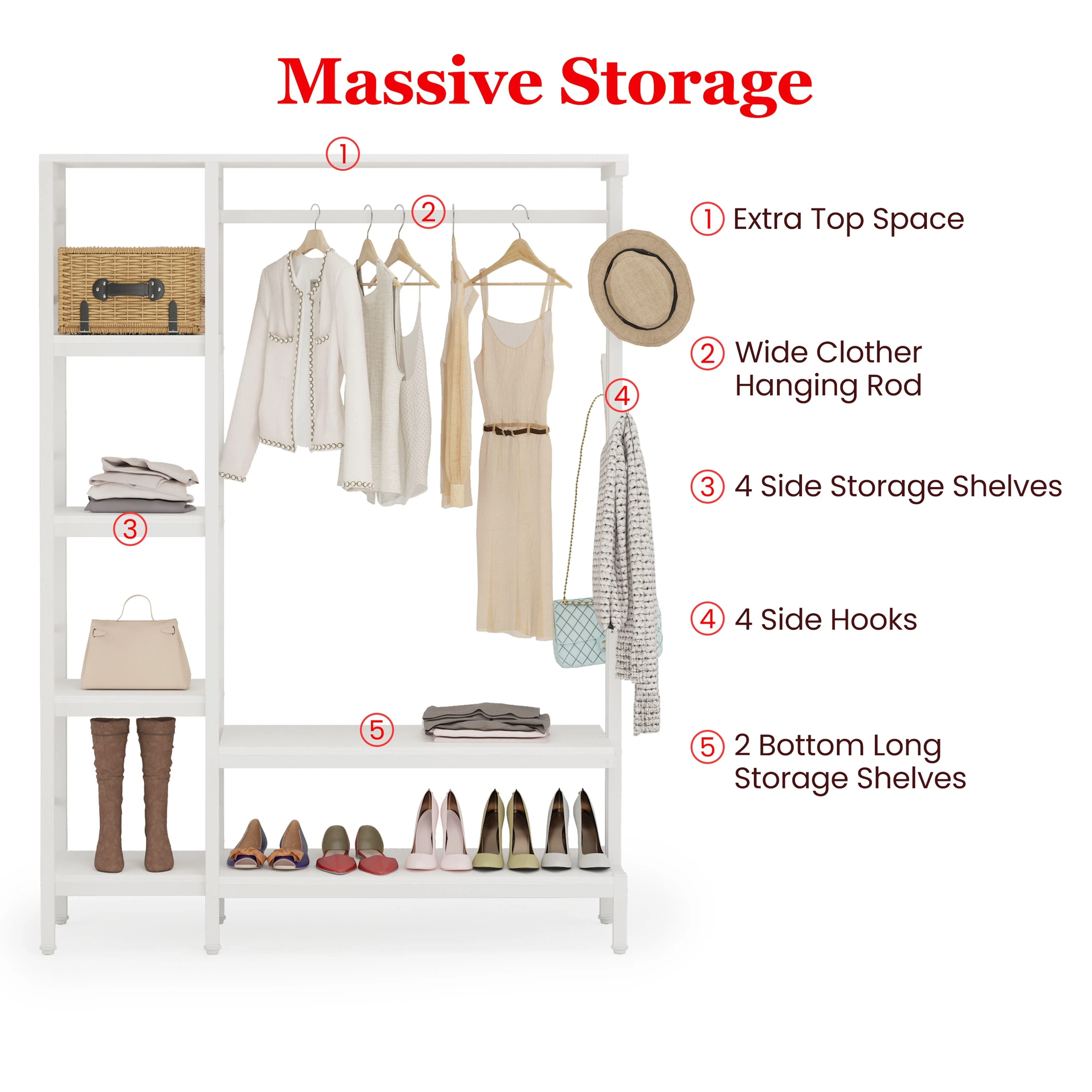 Free-standing Closet Organizer with Hooks, Garment Rack, Coat Rack with Shoe Bench