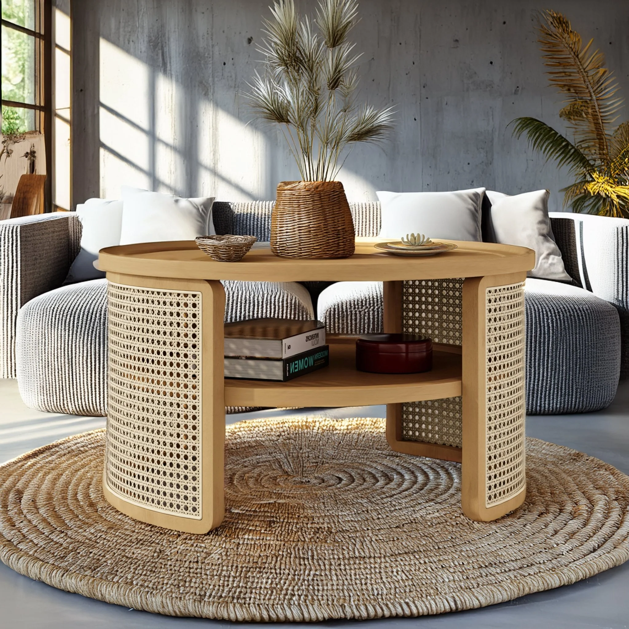 Wintered 2-Tiered Coffee Table with Rattan Base and Curved Edge Design