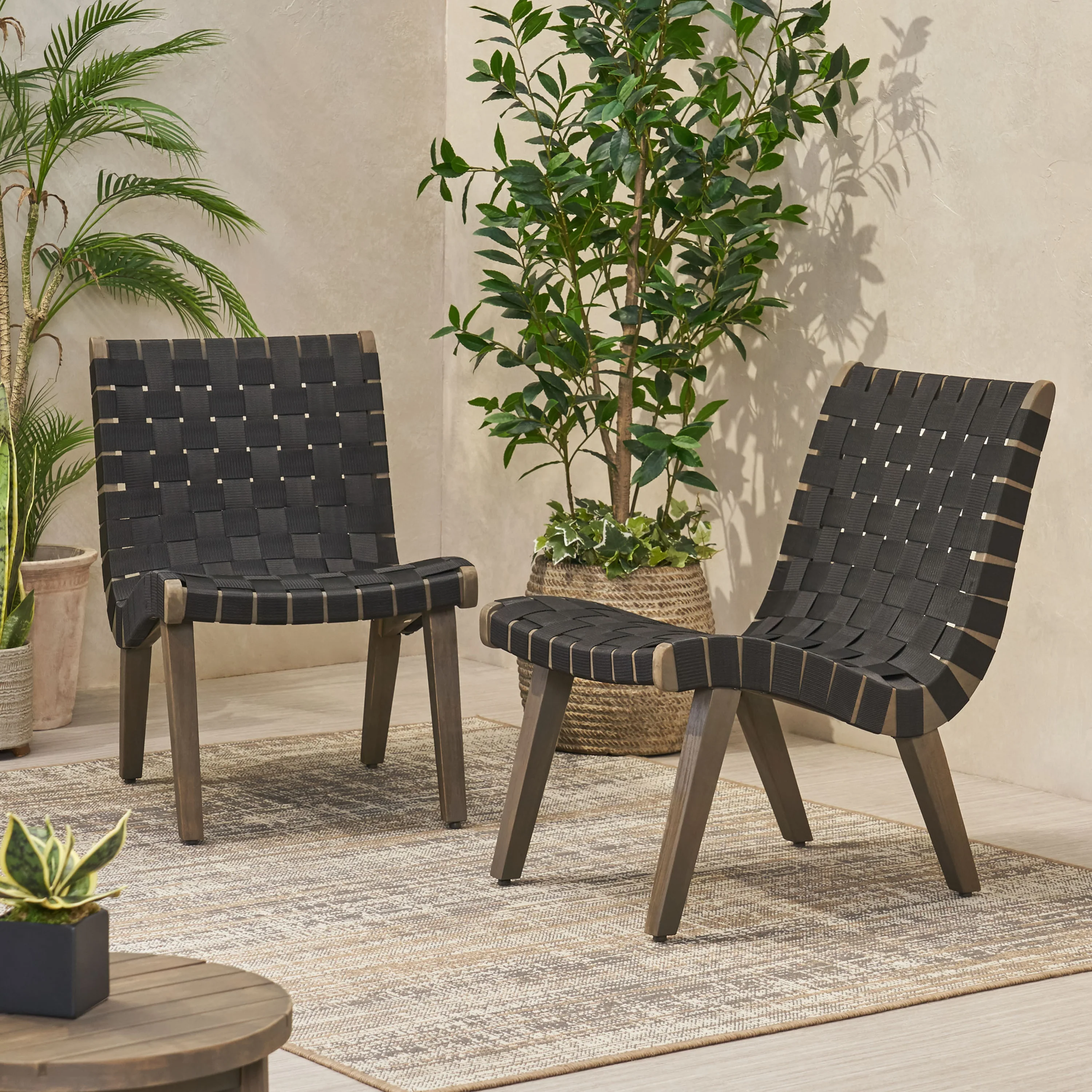 Delights Outdoor Lounge Chair with Rope Weave Design and Wood Frame, Set of 2