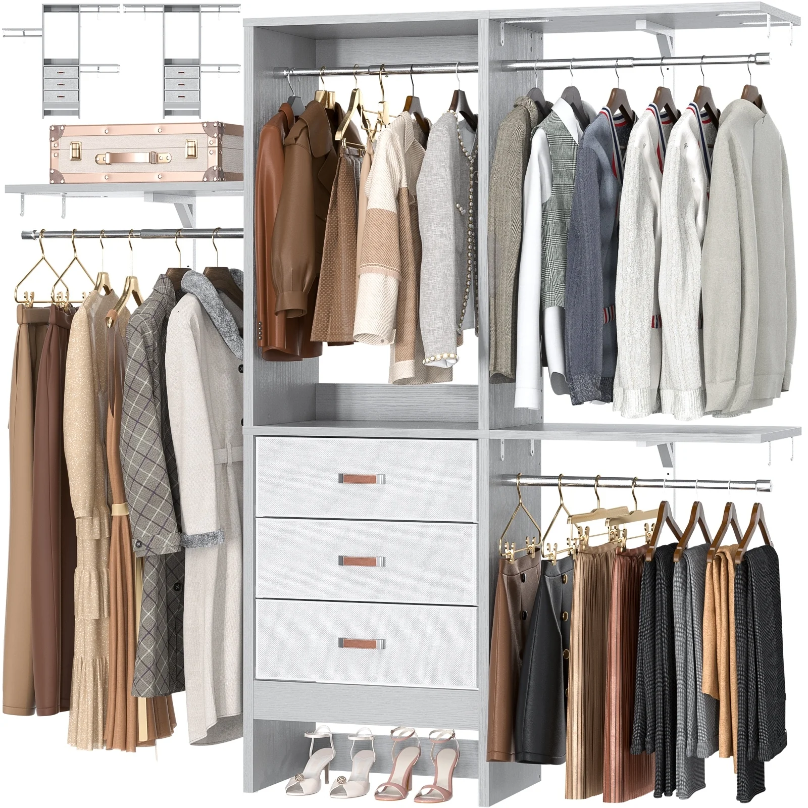 4FT Kid‘s Closet System with Fabric Drawers, DIY Closet Organizer with Adjustable Hanging Rods