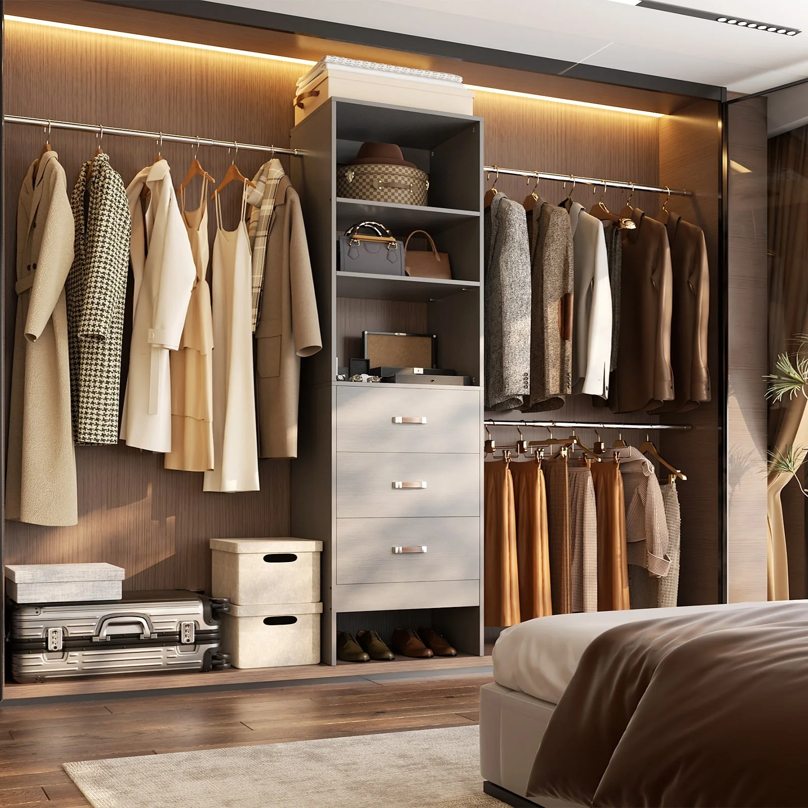 20.5-96'' W Closet Organizer System with Extendable Hanging Rods and Drawers and Tower Shelves