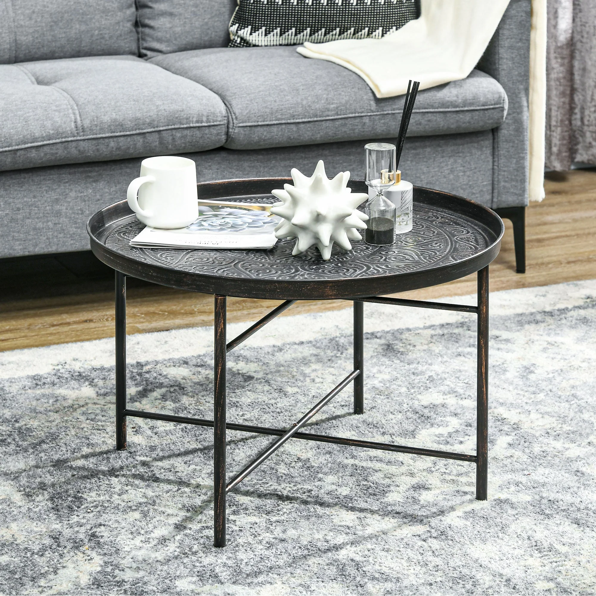 Round Coffee Table with Hammered Tray Top